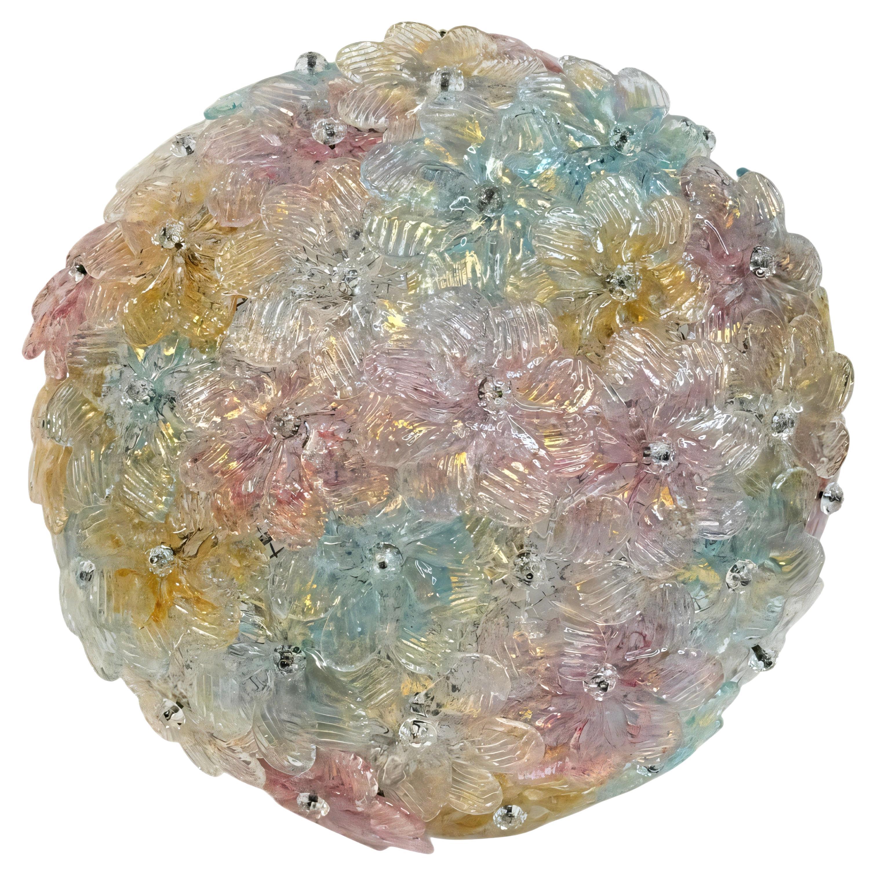 1950s Petite Flush Mount Chandelier by Barovier&Toso, Crystal Flowers