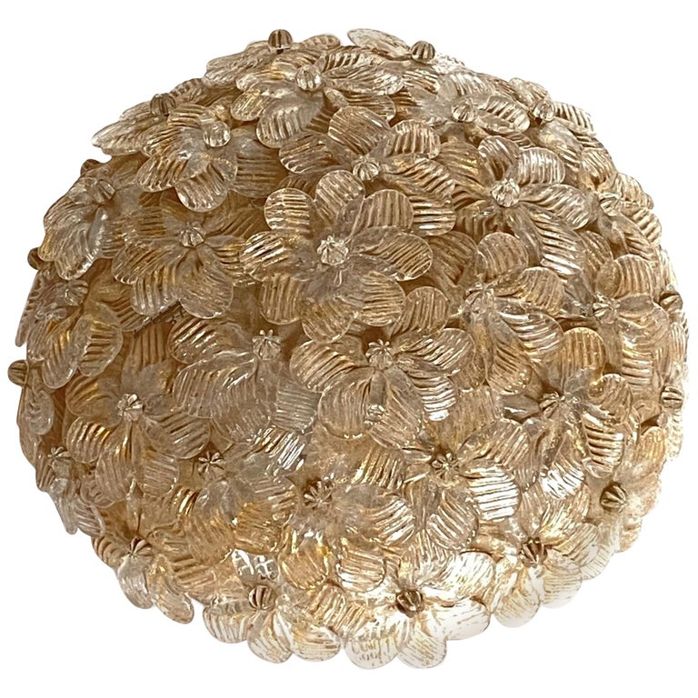 Petite Barovier Toso Flushmount Murano Glass Gold and Ice Flowers Basket, 1950s For Sale