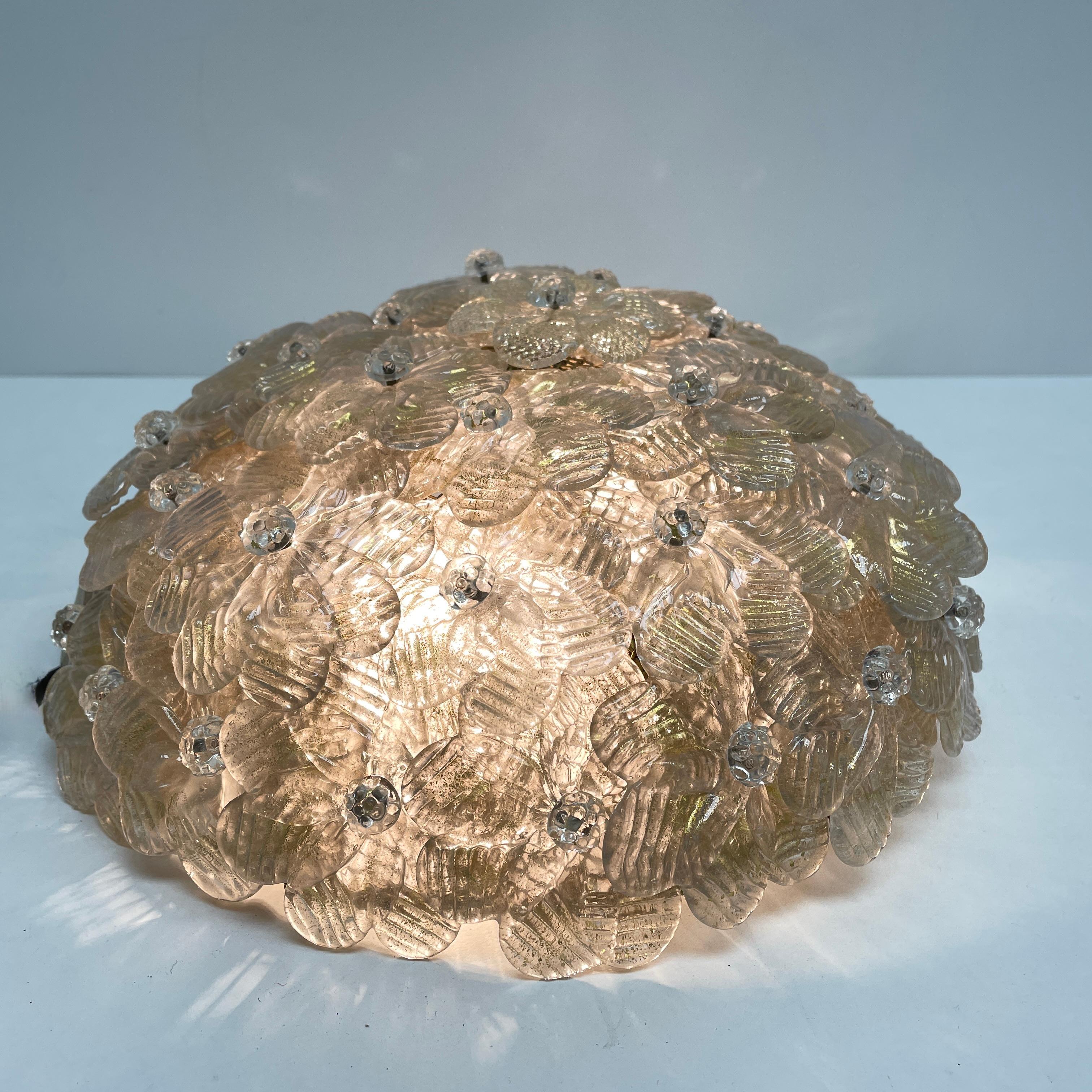 Modern Petite Barovier Toso Flush Mount Murano Glass Gold and Ice Flowers Basket, 1950s