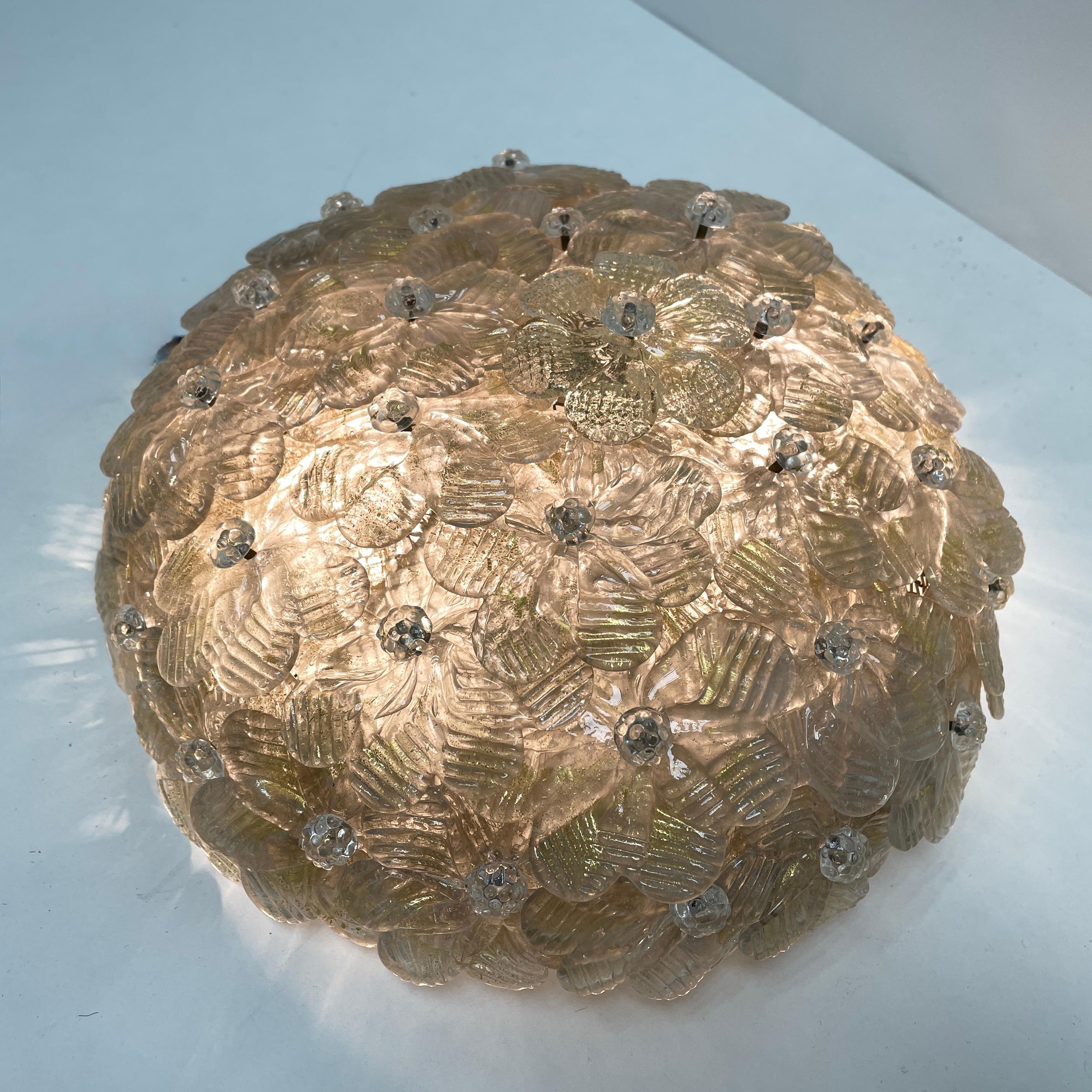 Italian Petite Barovier Toso Flush Mount Murano Glass Gold and Ice Flowers Basket, 1950s