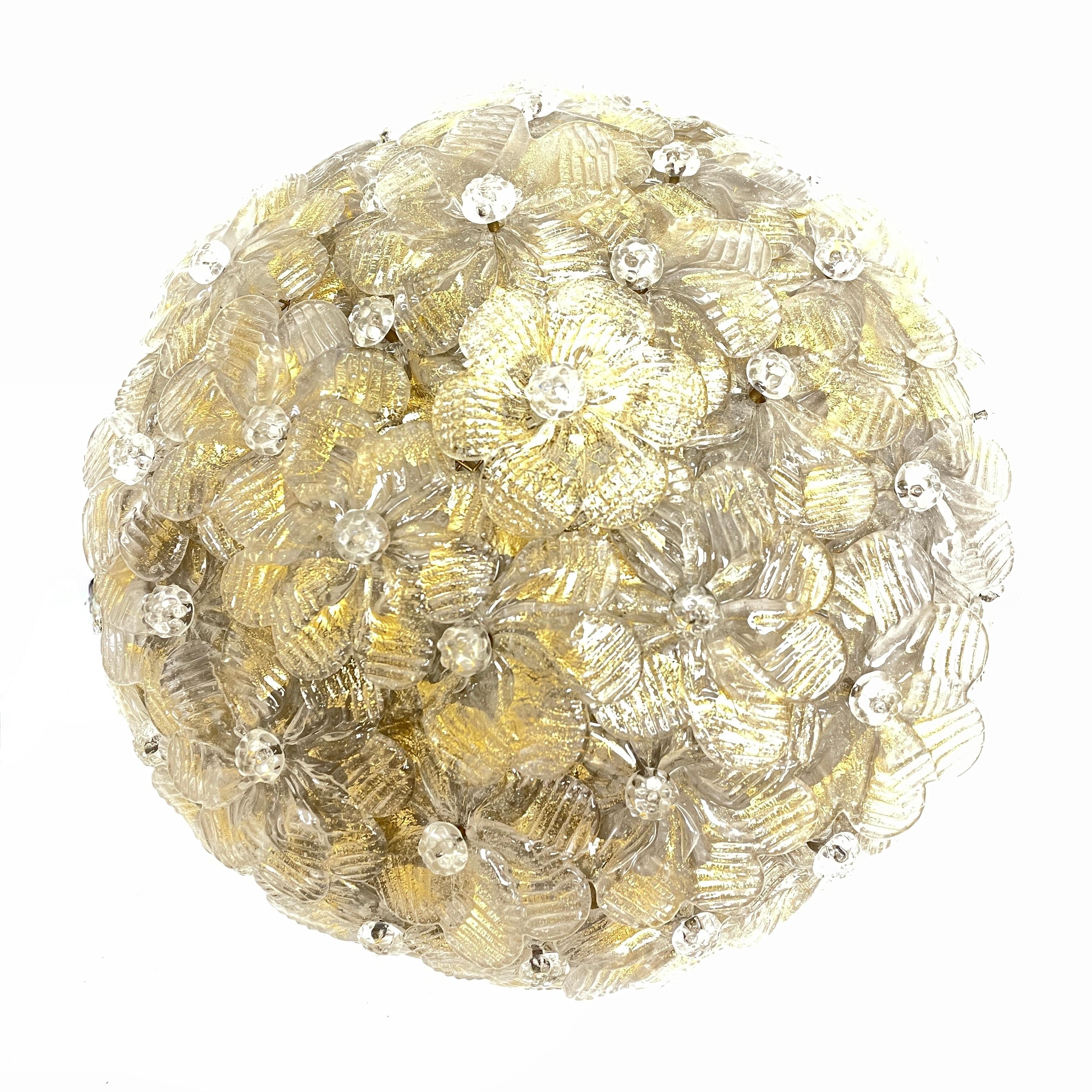 Metal Petite Barovier Toso Flush Mount Murano Glass Gold and Ice Flowers Basket, 1950s