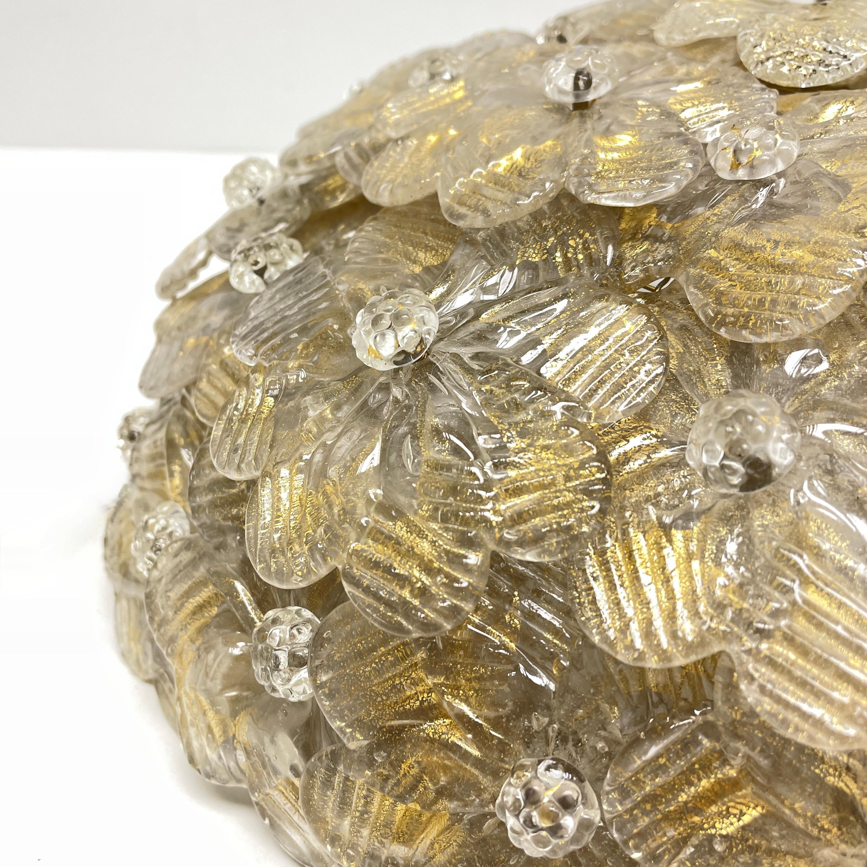 Petite Barovier Toso Flush Mount Murano Glass Gold and Ice Flowers Basket, 1950s 1