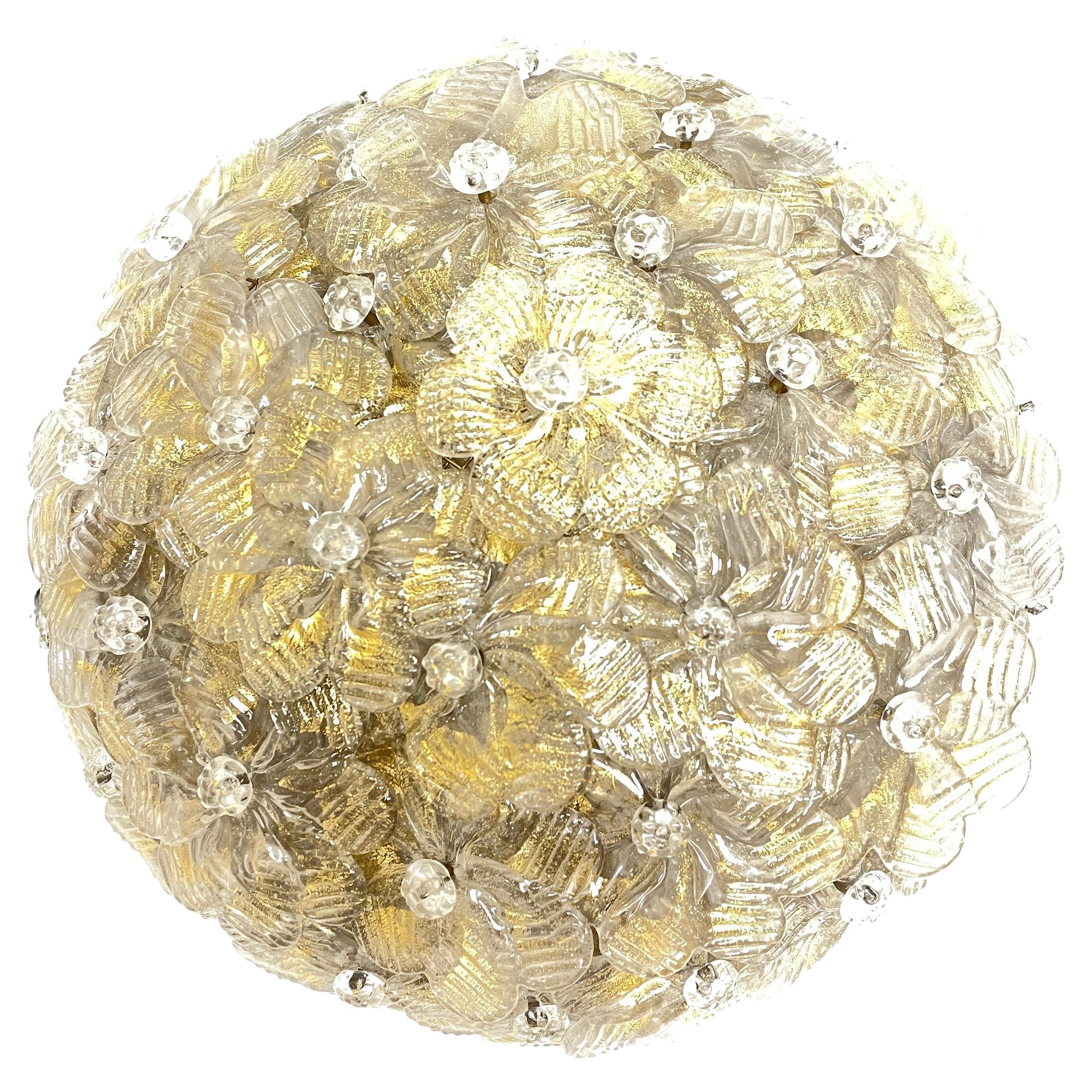 Petite Barovier Toso Flush Mount Murano Glass Gold and Ice Flowers Basket, 1950s