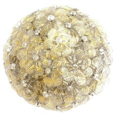 Petite Barovier Toso Flush Mount Murano Glass Gold and Ice Flowers Basket, 1950s