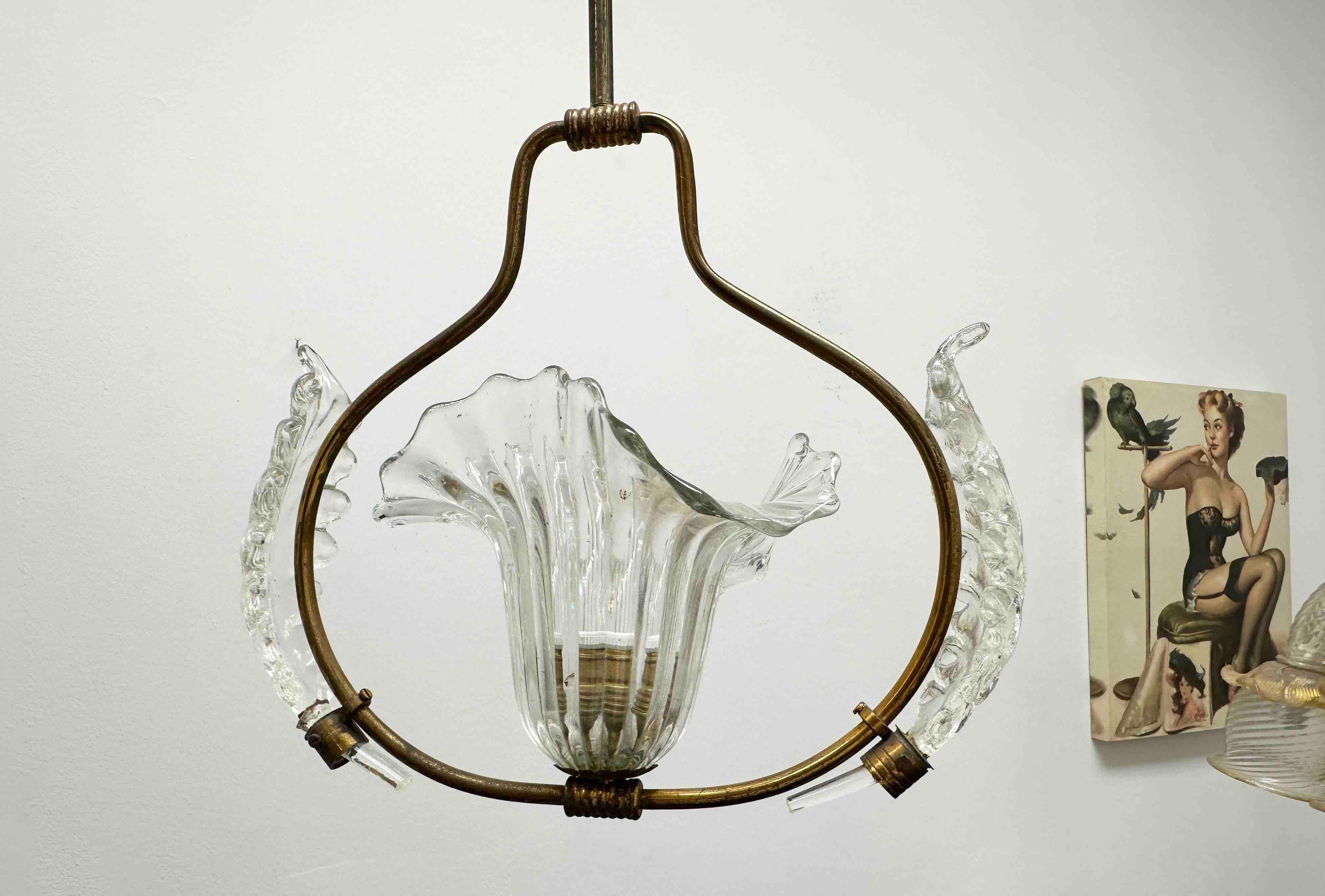 Mid-20th Century Petite Barovier Toso Pendant Light Chandelier Murano Glass Basket, 1950s For Sale