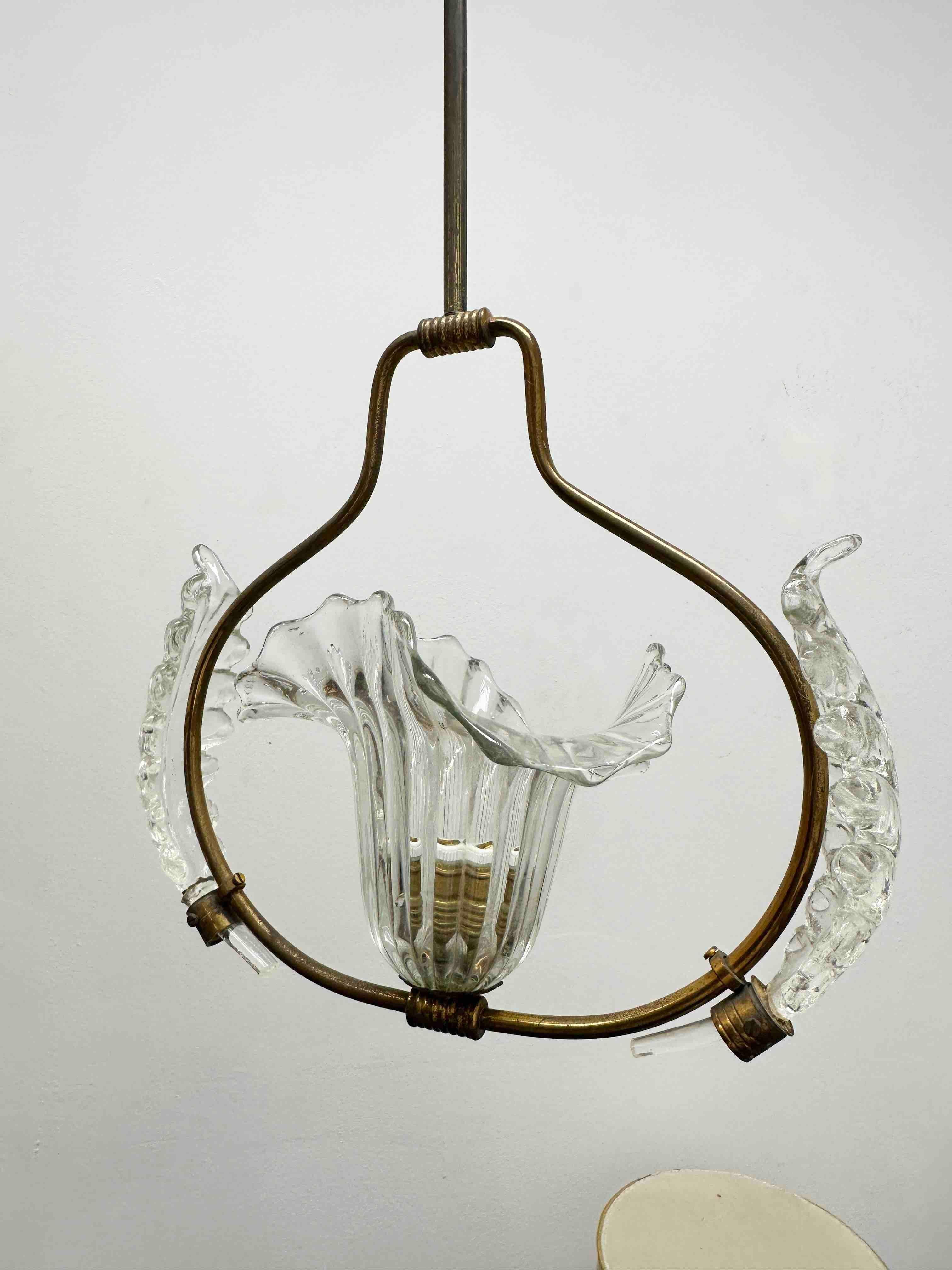 Metal Petite Barovier Toso Pendant Light Chandelier Murano Glass Basket, 1950s For Sale