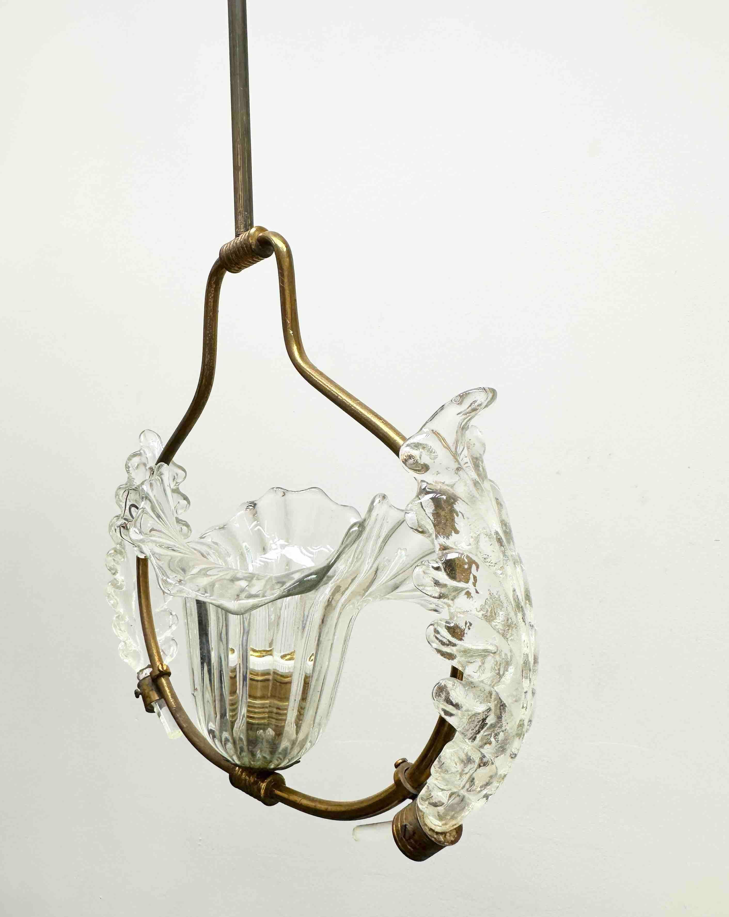 Petite Barovier Toso Pendant Light Chandelier Murano Glass Basket, 1950s For Sale 1