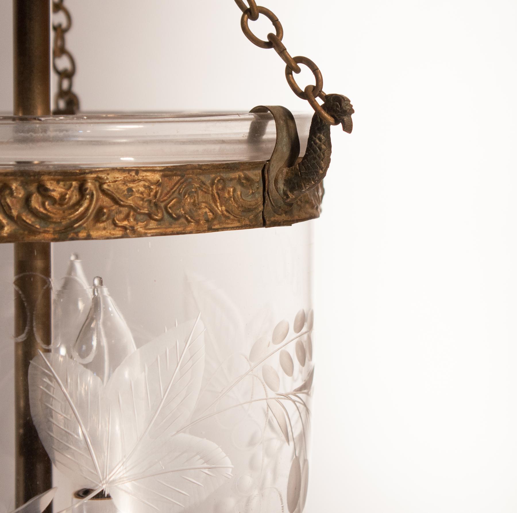 19th Century Petite Bell Jar Lantern with Grape Leaf Etching