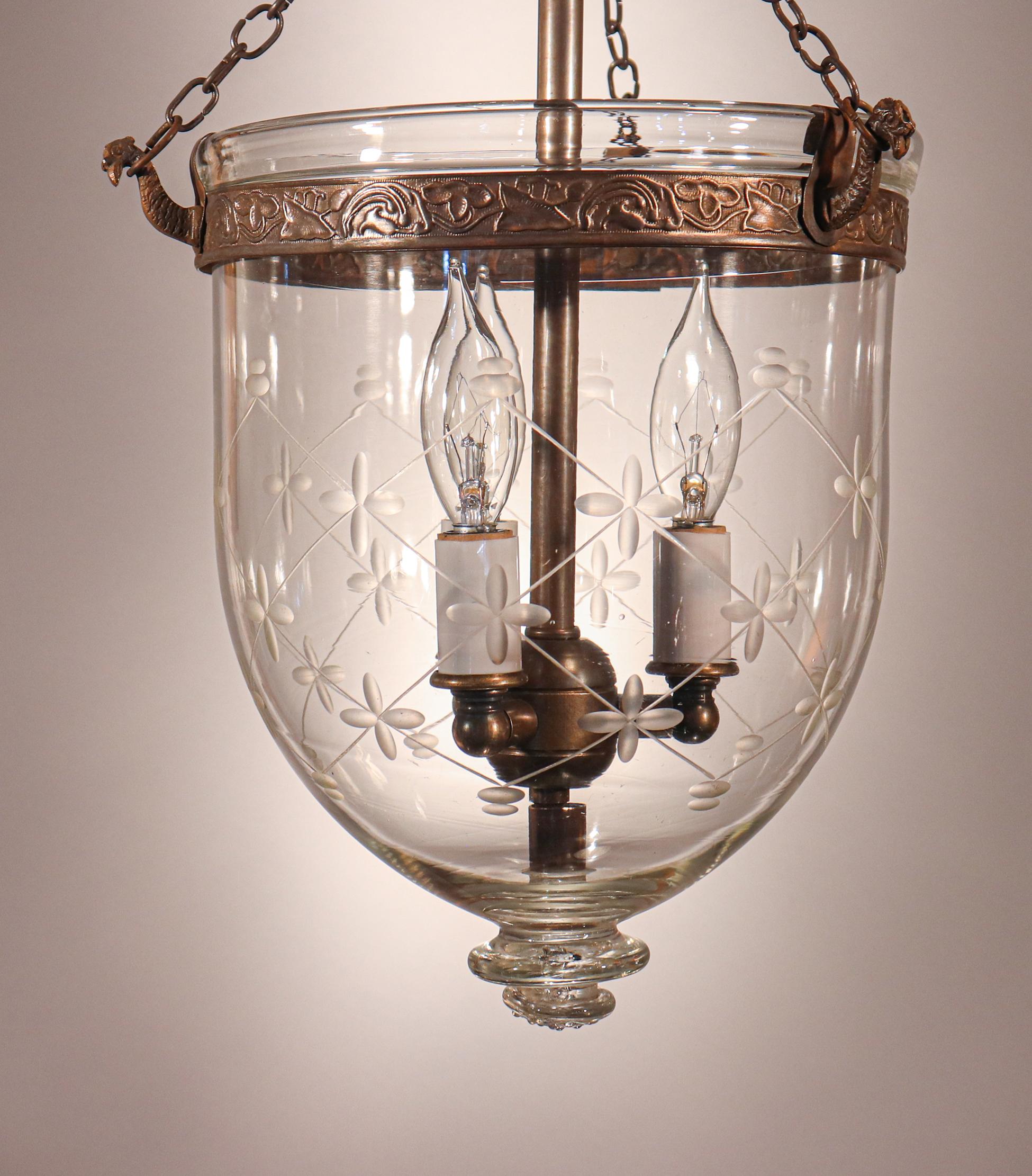 English Petite Bell Jar Lantern with Trellis Etching