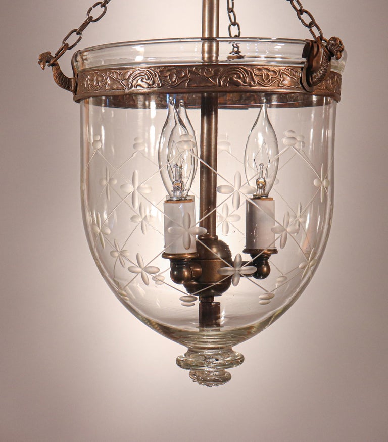 English Petite Bell Jar Lantern with Trellis Etching For Sale