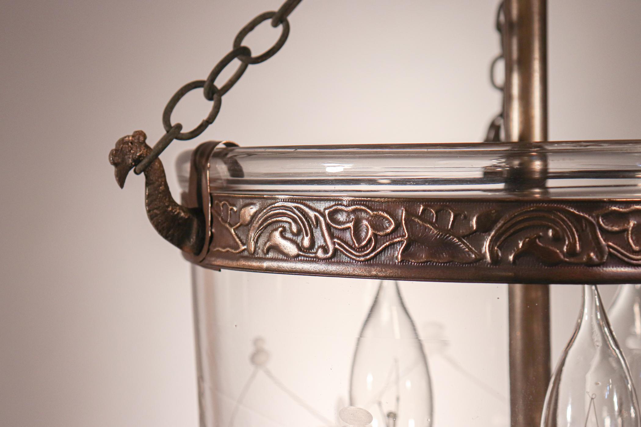 Petite Bell Jar Lantern with Trellis Etching In Good Condition In Heath, MA