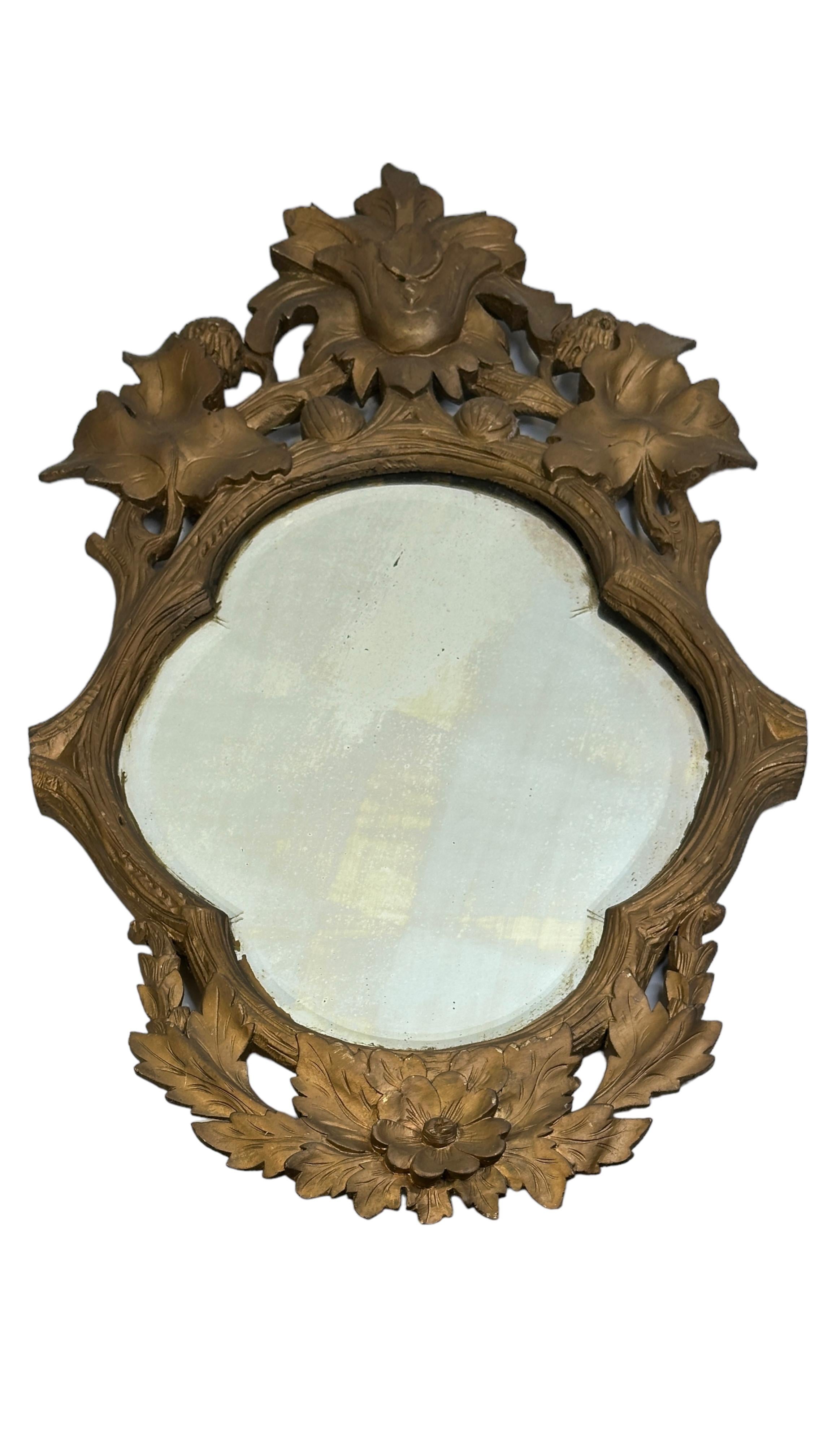 Folk Art Petite Black Forest Gilded Wood Tole Toleware Mirror Antique, German 1890s