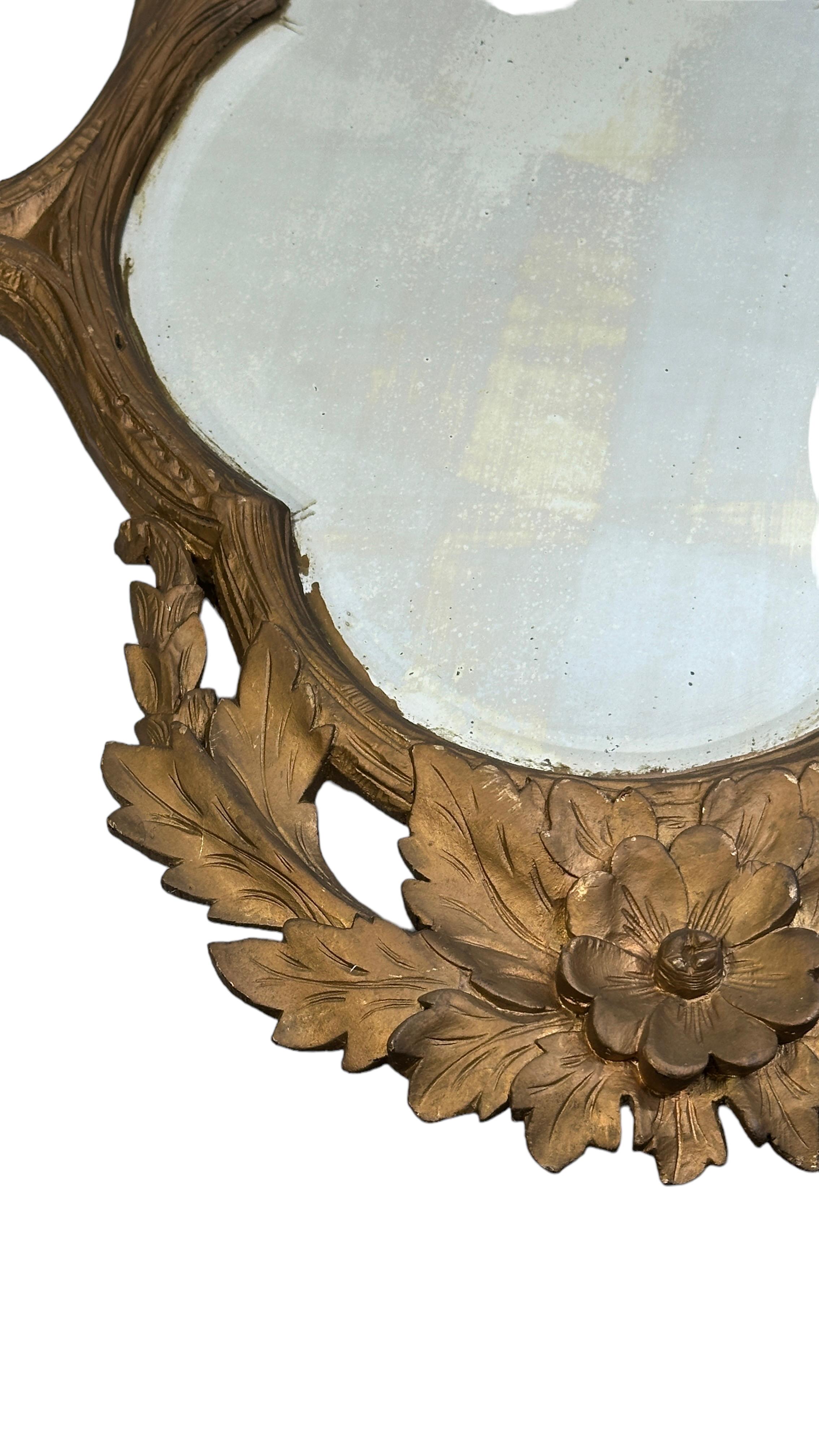 Gilt Petite Black Forest Gilded Wood Tole Toleware Mirror Antique, German 1890s