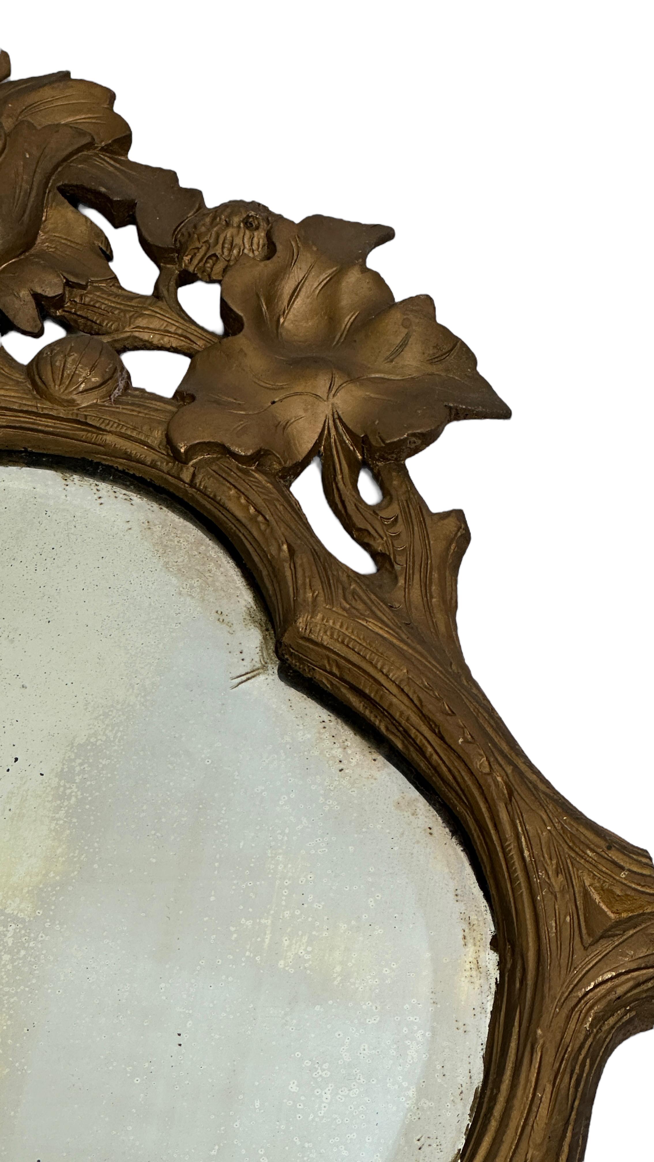 19th Century Petite Black Forest Gilded Wood Tole Toleware Mirror Antique, German 1890s