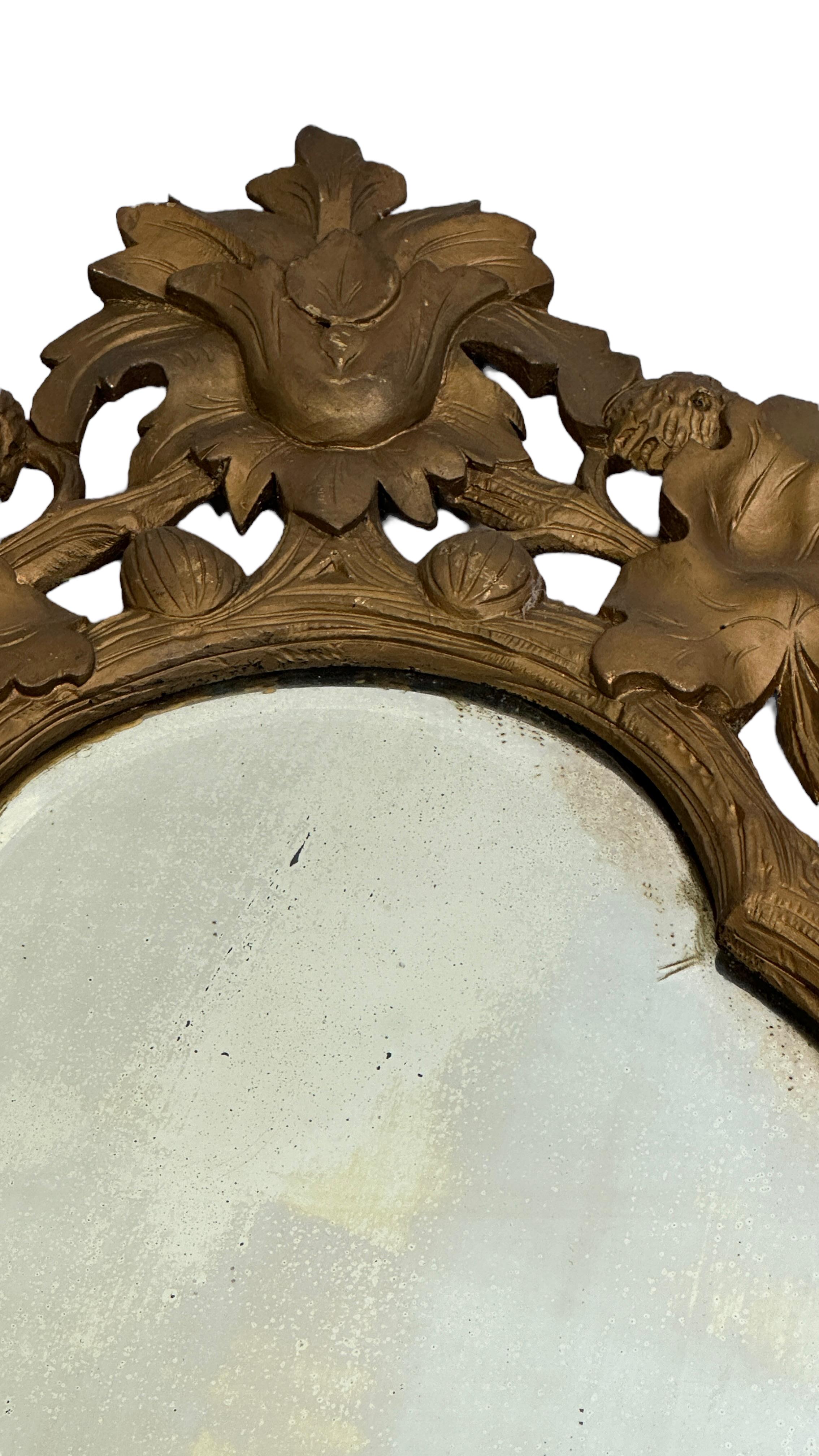 Petite Black Forest Gilded Wood Tole Toleware Mirror Antique, German 1890s 1