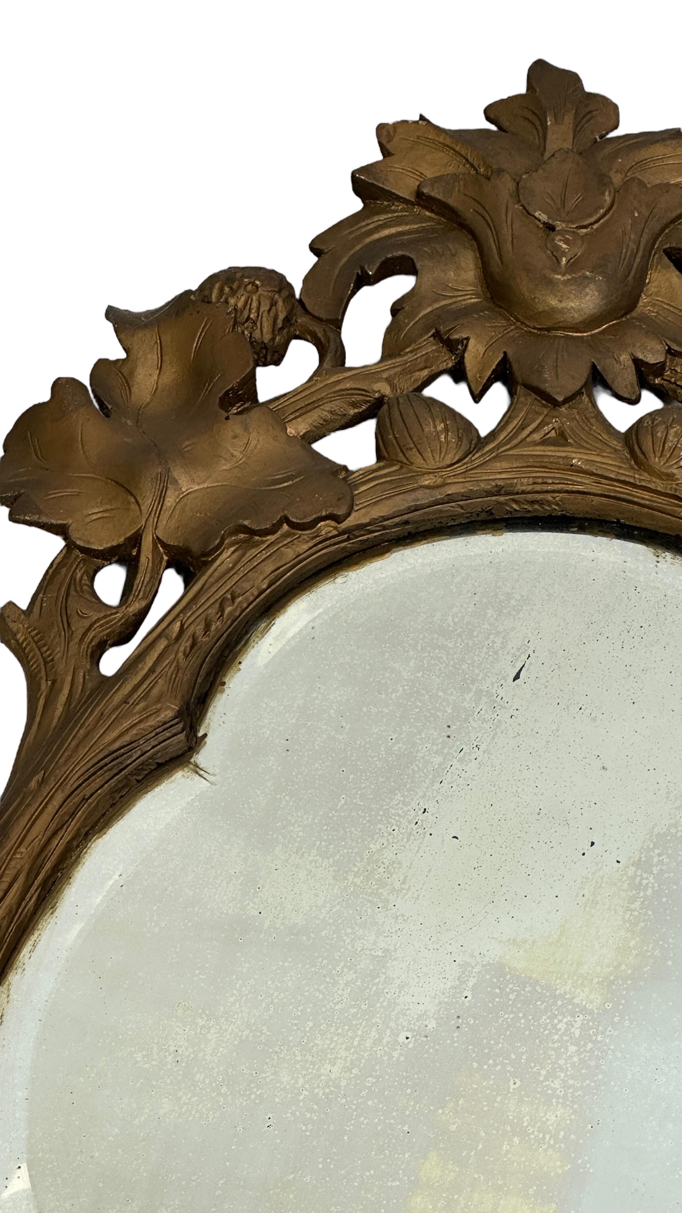 Petite Black Forest Gilded Wood Tole Toleware Mirror Antique, German 1890s 2