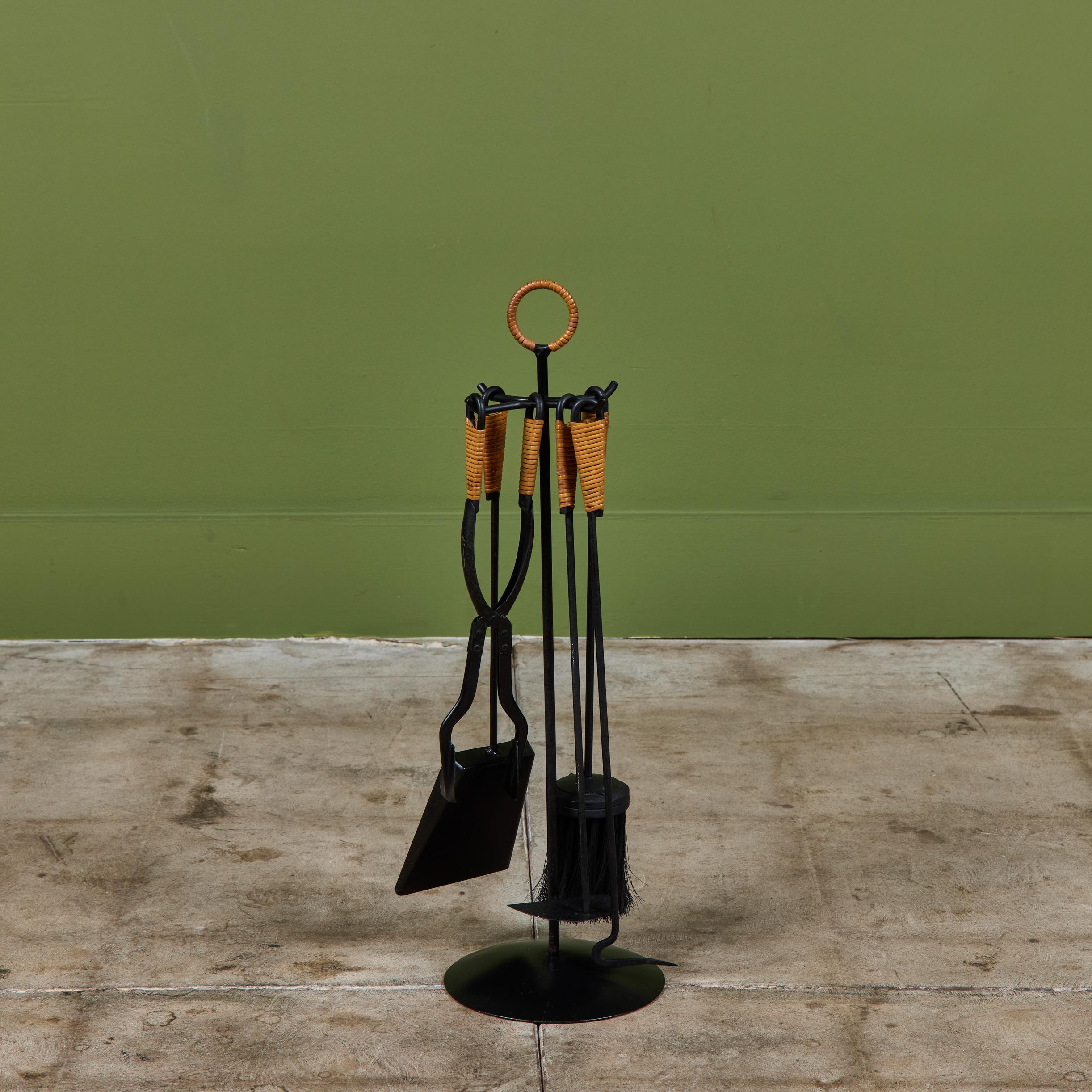 20th Century Petite Blackened Steel Fireplace Tool Set For Sale