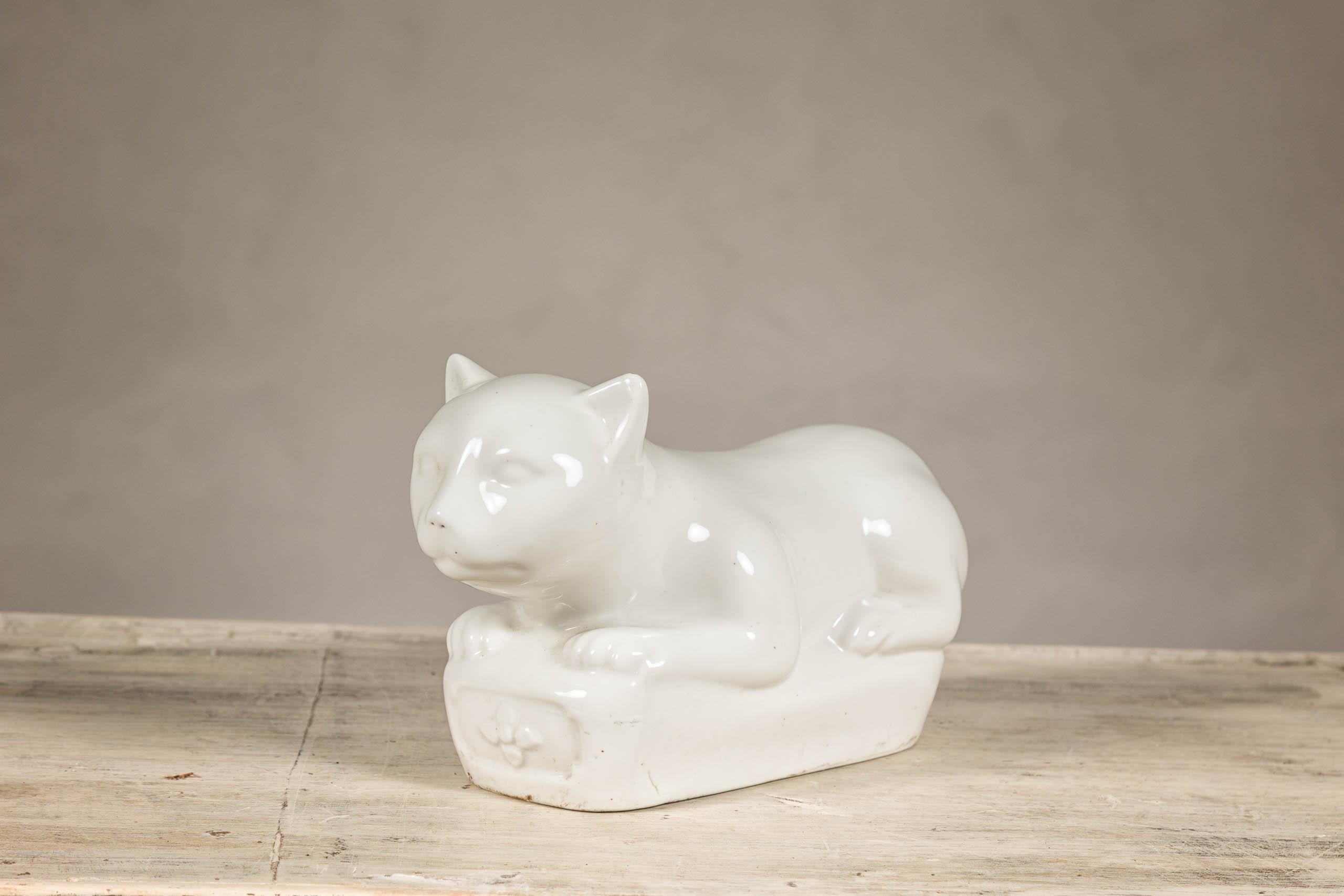 20th Century Petite Blanc de Chine Porcelain Cat Sculpture, Vintage For Sale