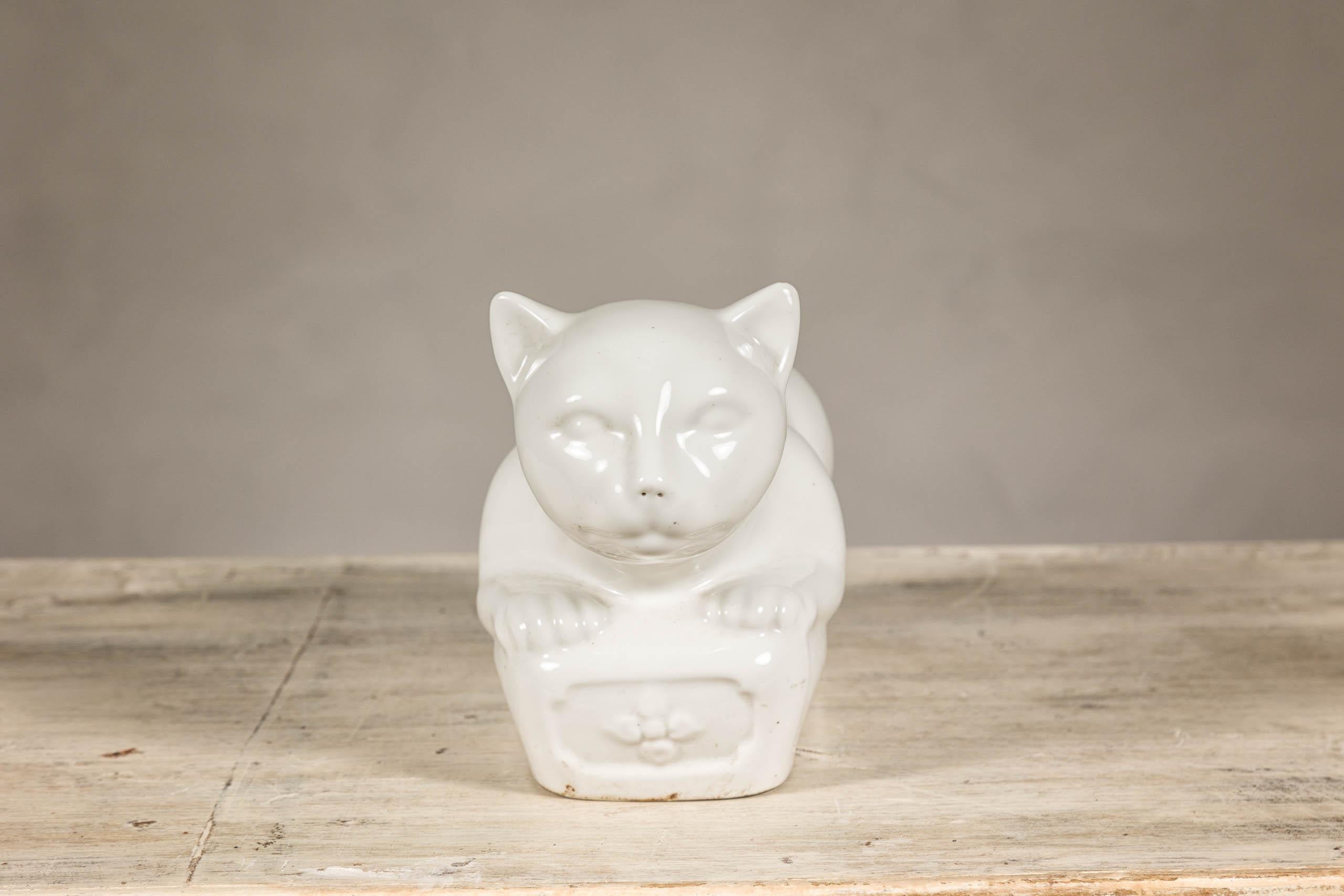 Petite Blanc de Chine Porcelain Cat Sculpture, Vintage For Sale 3