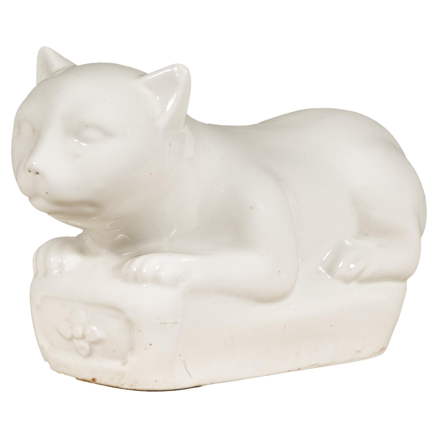 Petite Blanc de Chine Porcelain Cat Sculpture, Vintage For Sale