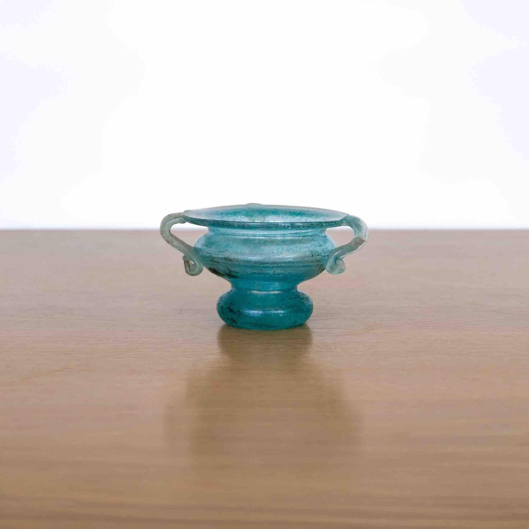 Beautiful vintage petite Italian Scavo vase from Italy. Frosted blue glass with three handles. Perfect as a catch-all or decorative piece. 