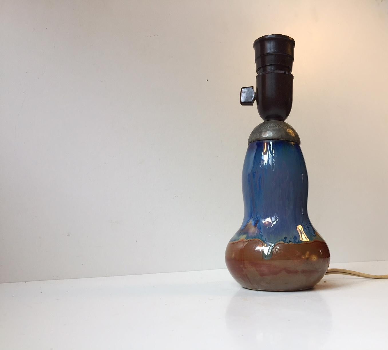 Petite Blue and Purple Glazed Jugend, Gourd Table Lamp, Europe, 1910s In Excellent Condition In Esbjerg, DK