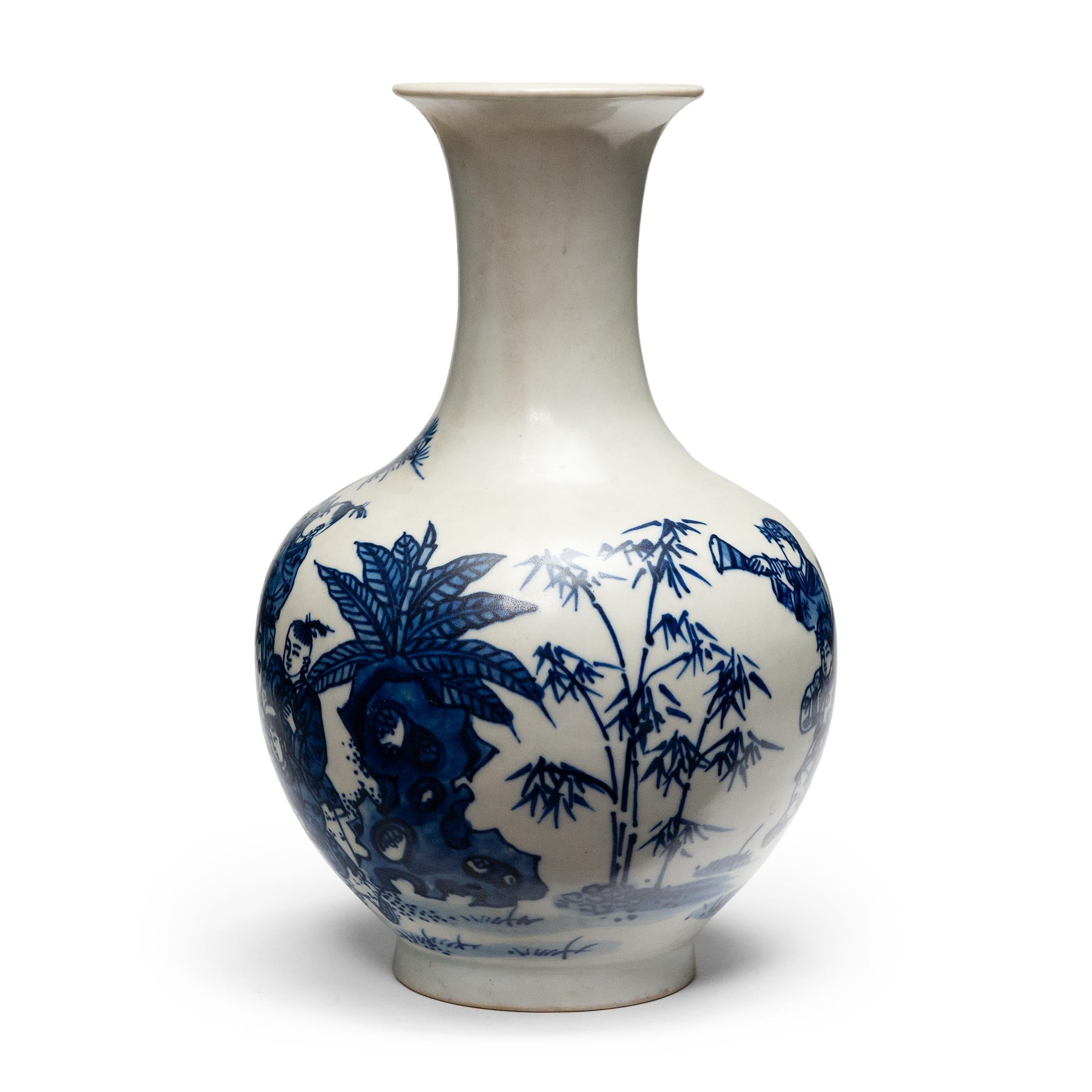 Contrasted by a crisp white field, this small porcelain vase is decorated in the timeless blue-and-white style with bold brushwork and deep cobalt-blue color. The gracefully curved form is a traditional vase shape known as a yuhuchunping or