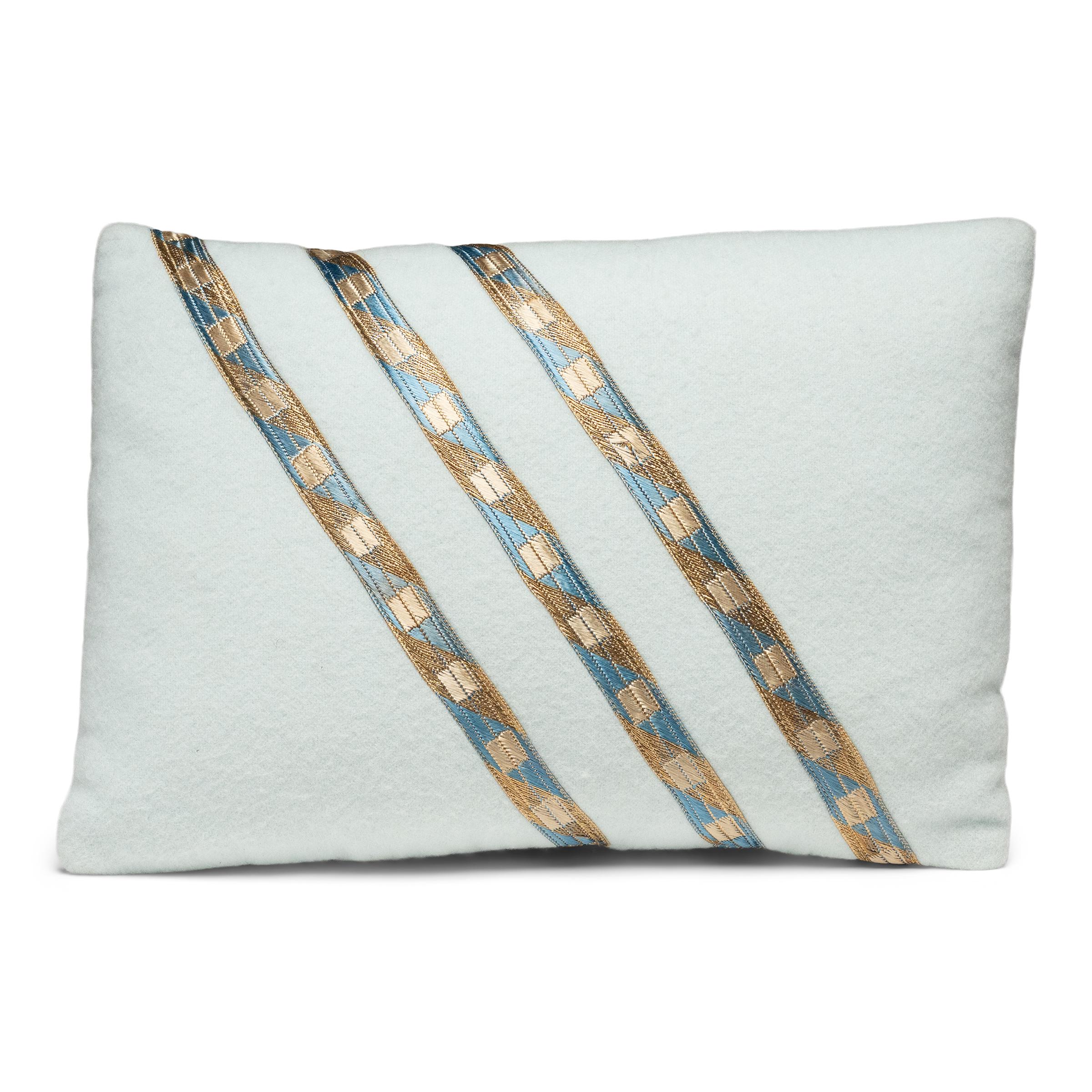 Contemporary Petite Blue Cashmere Pillow with French Ribbon For Sale