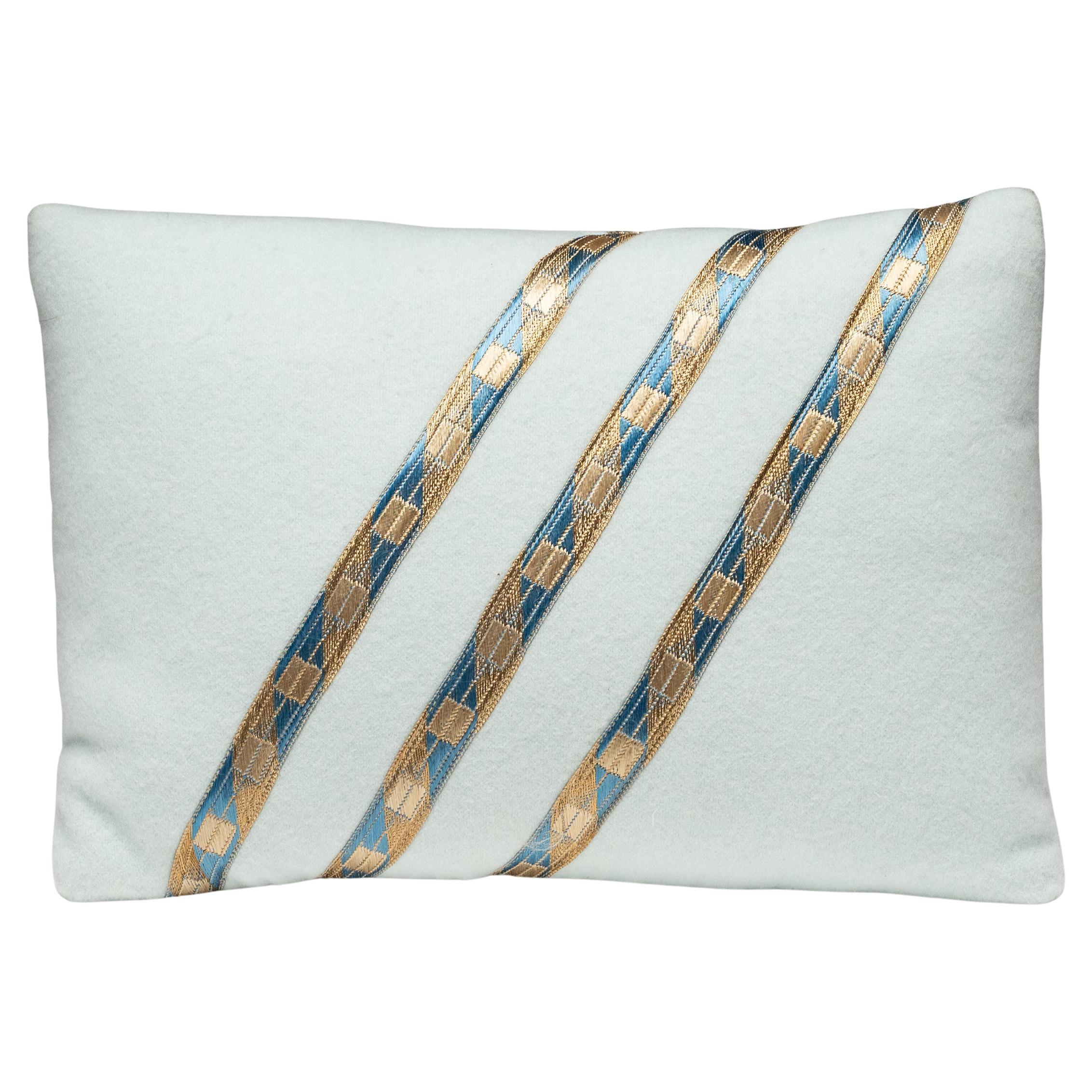Petite Blue Cashmere Pillow with French Ribbon For Sale