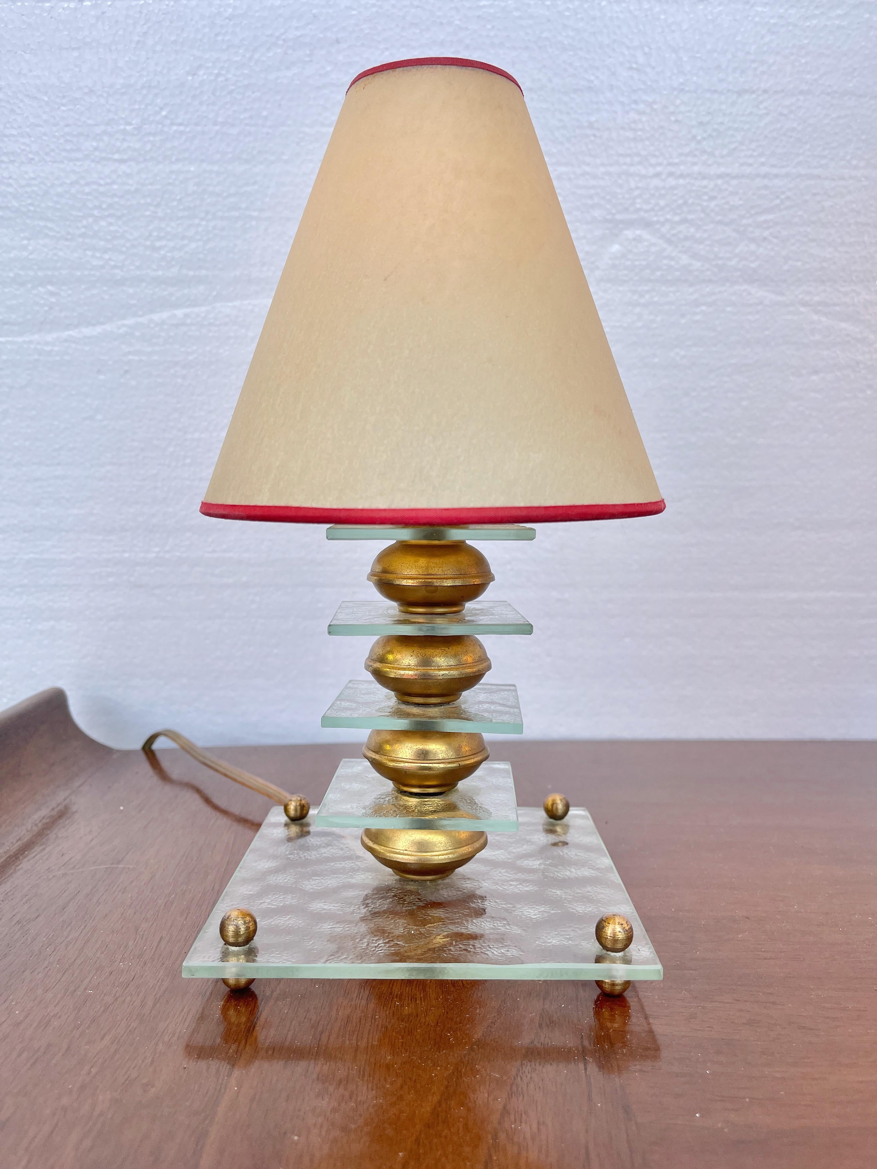 Art Deco Petite Boudoir Maison Desny Style Lamp Glass & Brass