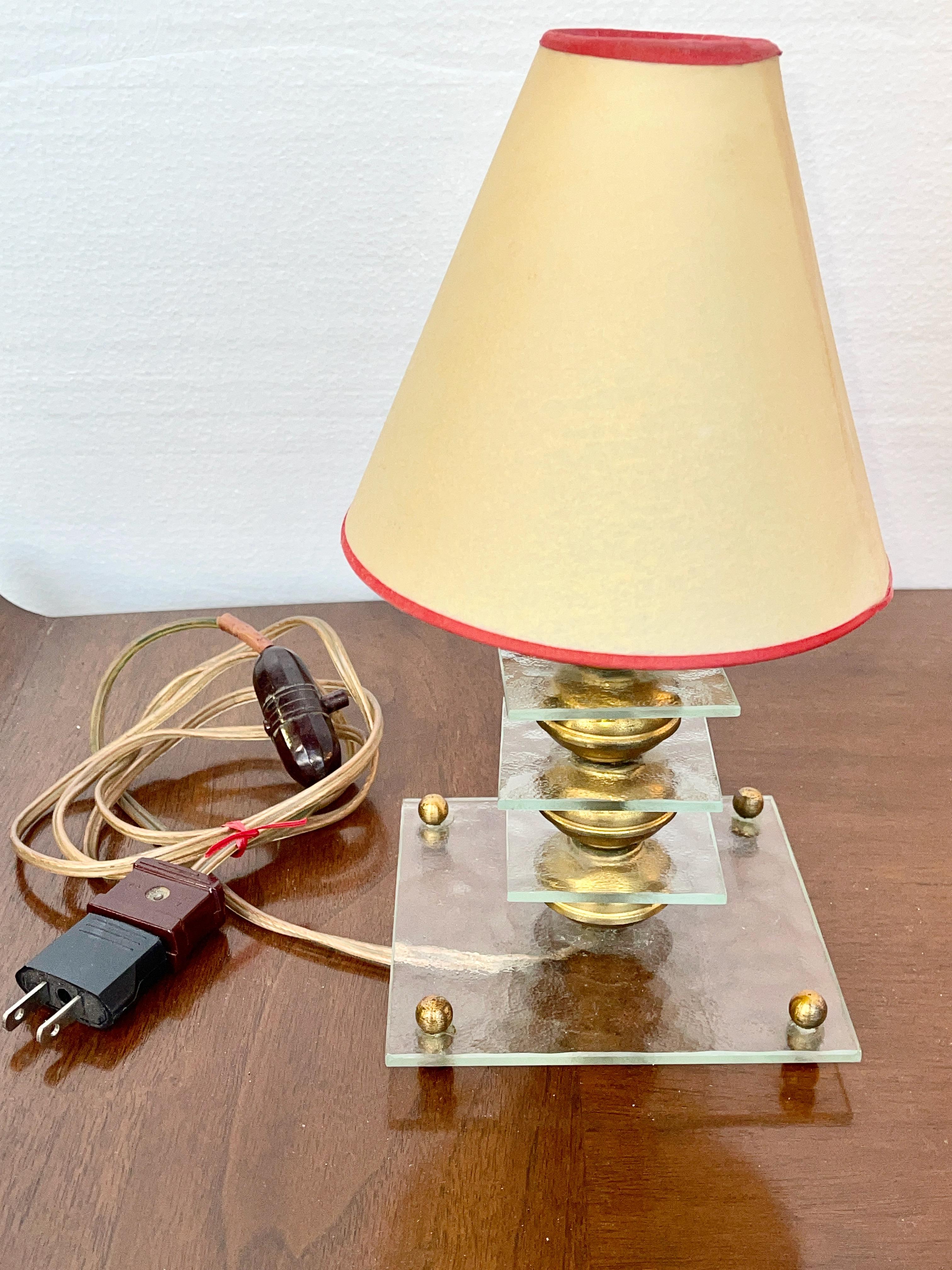 Mid-20th Century Petite Boudoir Maison Desny Style Lamp Glass & Brass