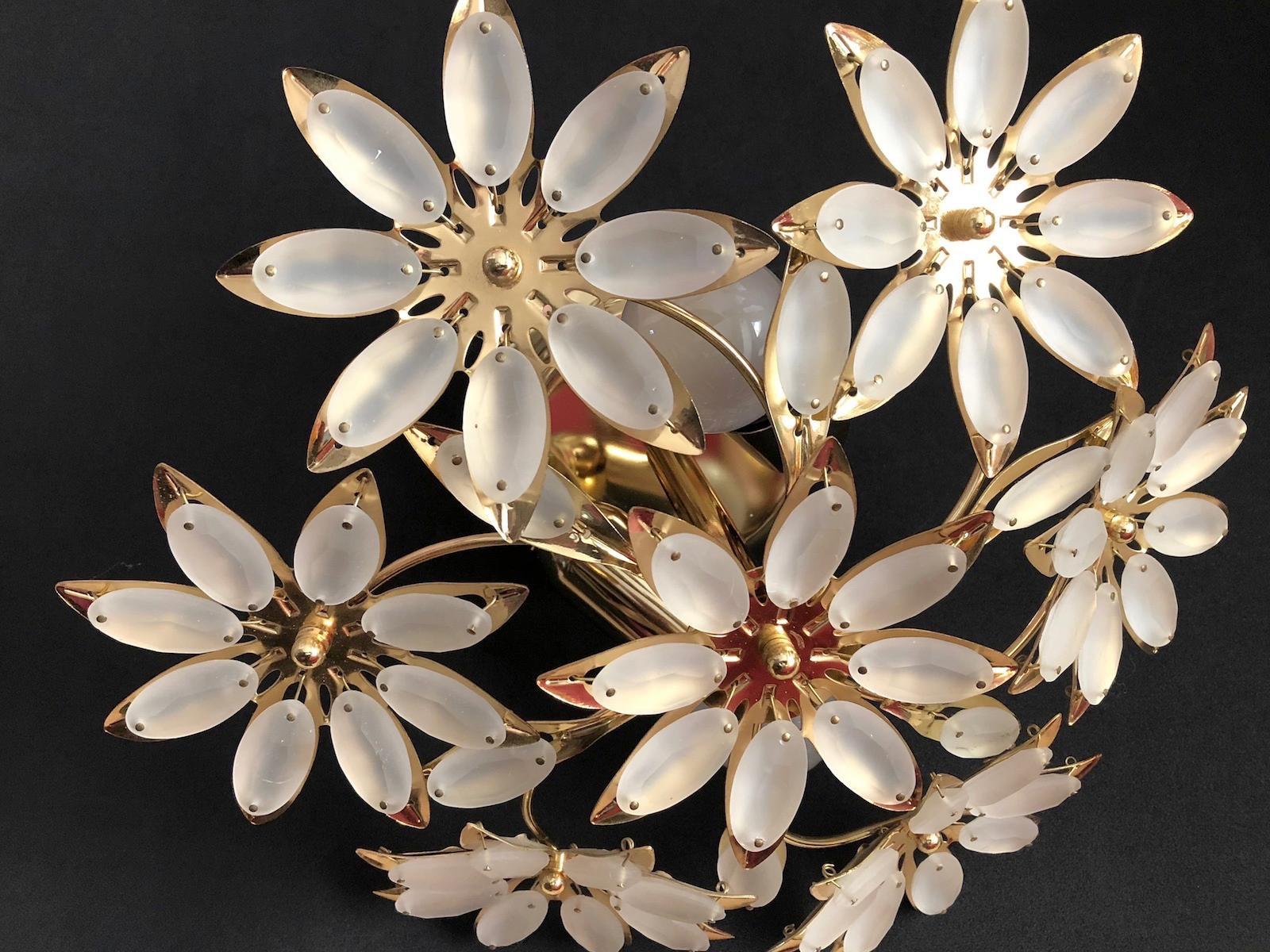Petite Brass Floral Flower Bouquet Flush Mount with Satin Glass 1970s, German For Sale 6