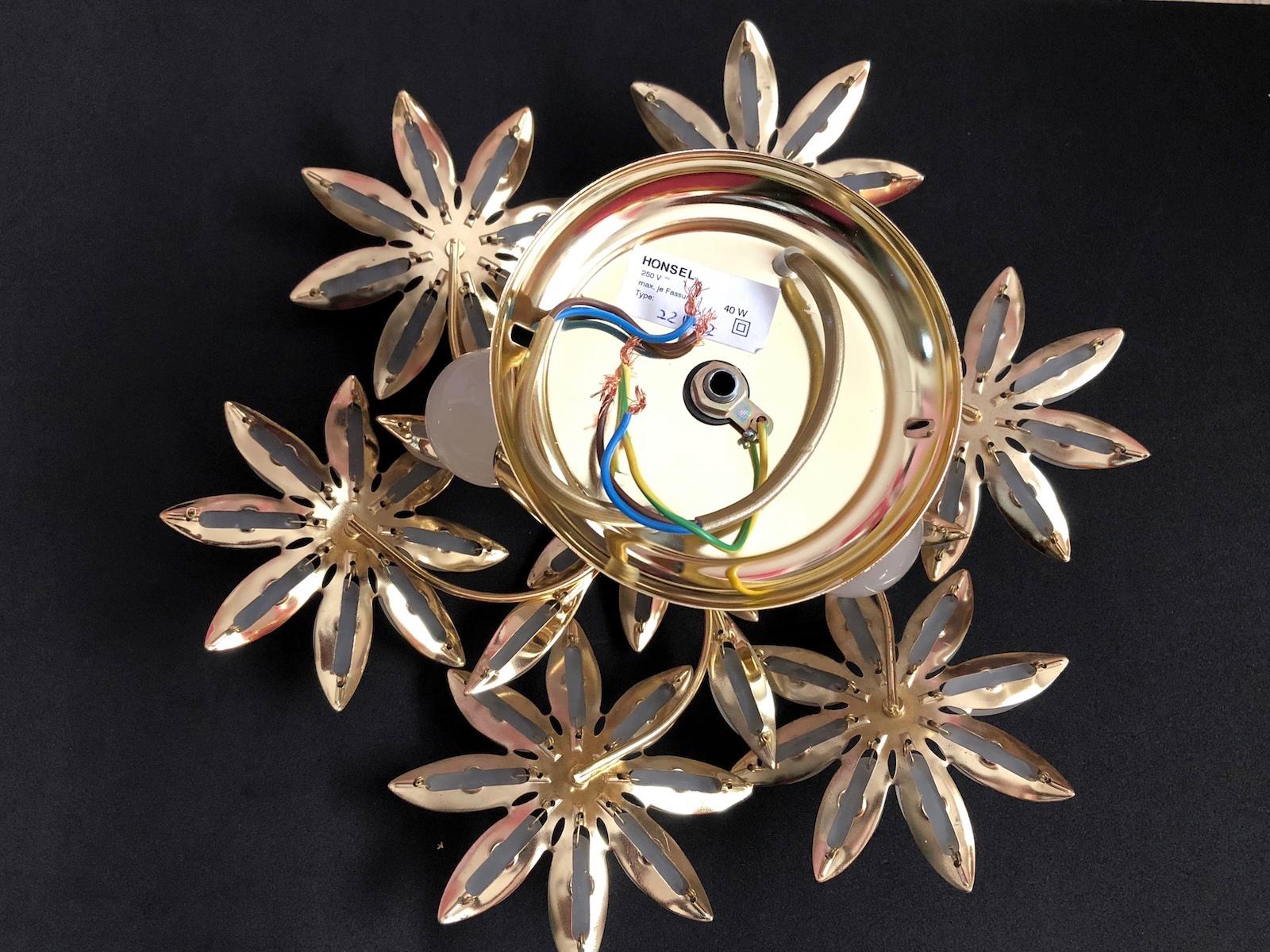 Petite Brass Floral Flower Bouquet Flush Mount with Satin Glass 1970s, German For Sale 7