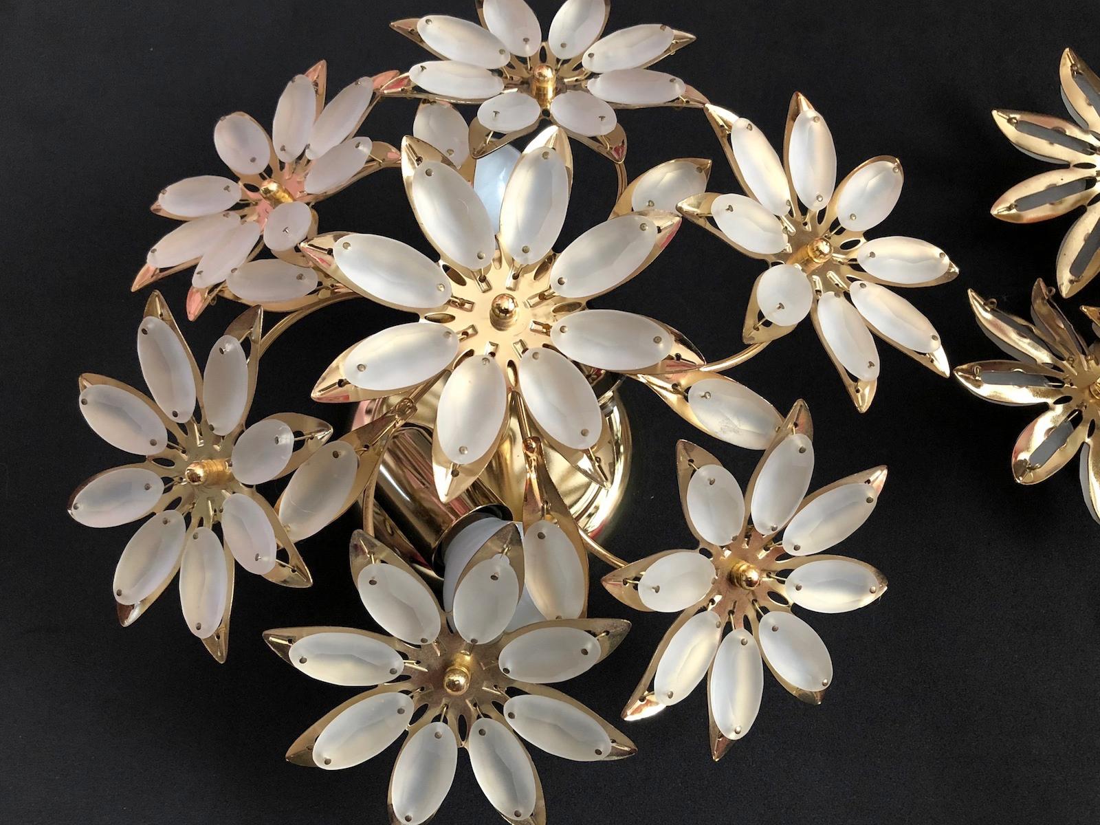 Petite Brass Floral Flower Bouquet Flush Mount with Satin Glass 1970s, German For Sale 9
