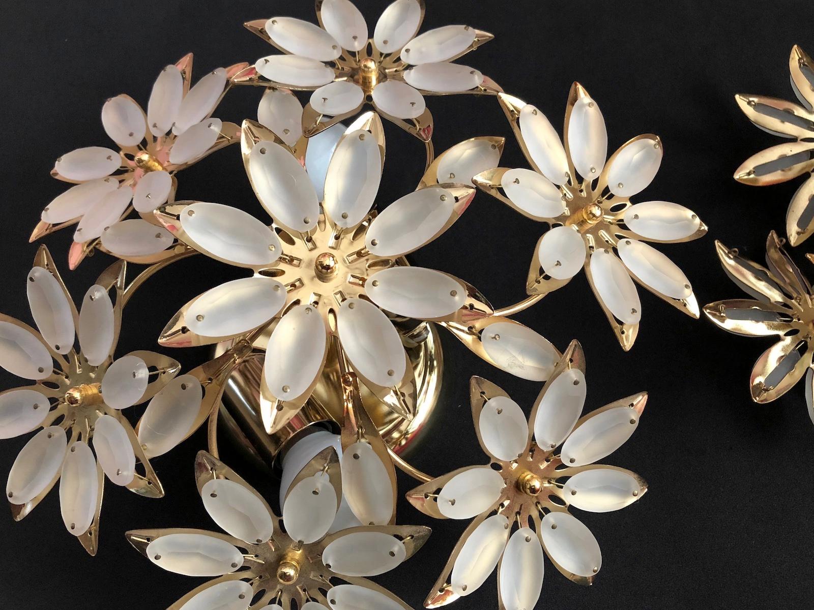 Petite Brass Floral Flower Bouquet Flush Mount with Satin Glass 1970s, German For Sale 10