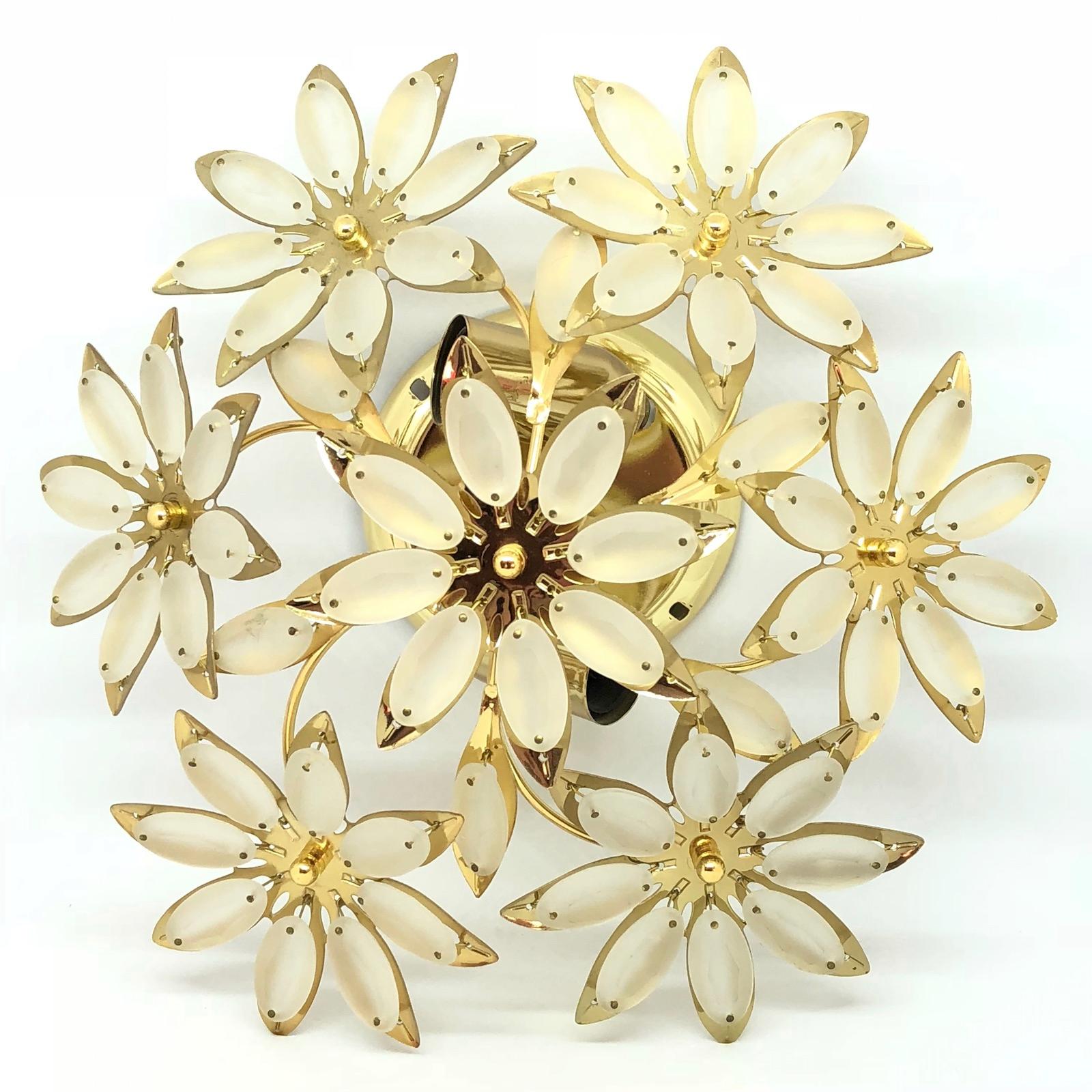 Mid-Century Modern Petite Brass Floral Flower Bouquet Flush Mount with Satin Glass 1970s, German For Sale