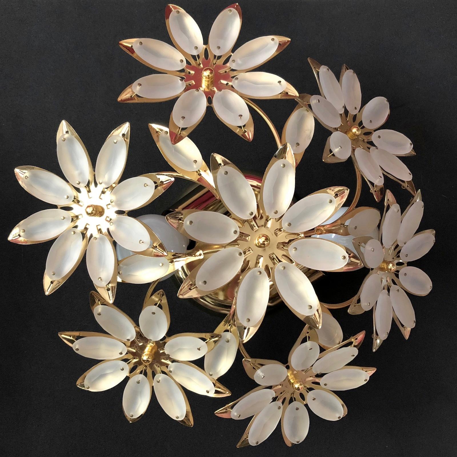 Late 20th Century Petite Brass Floral Flower Bouquet Flush Mount with Satin Glass 1970s, German For Sale