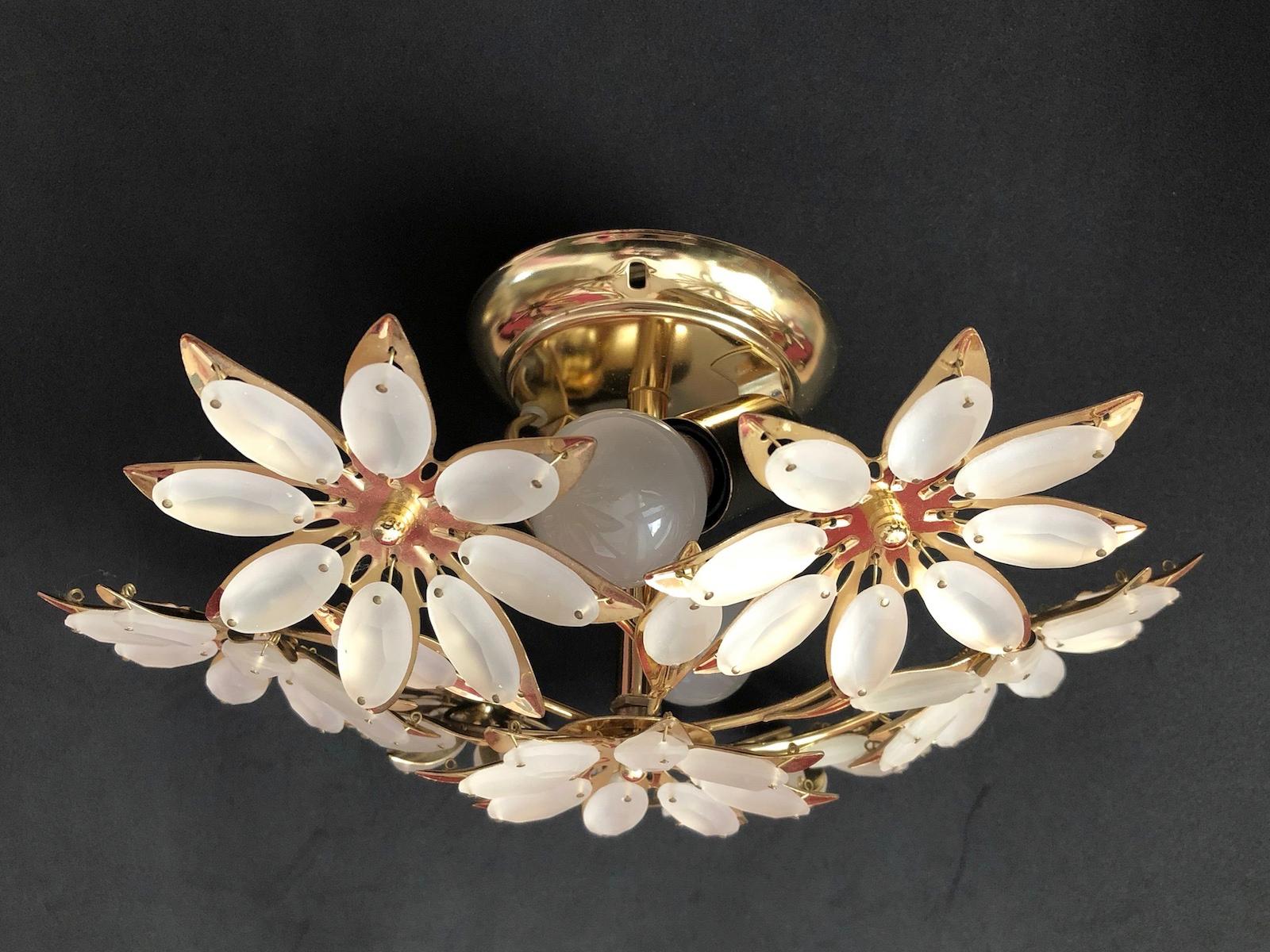 Petite Brass Floral Flower Bouquet Flush Mount with Satin Glass 1970s, German For Sale 1
