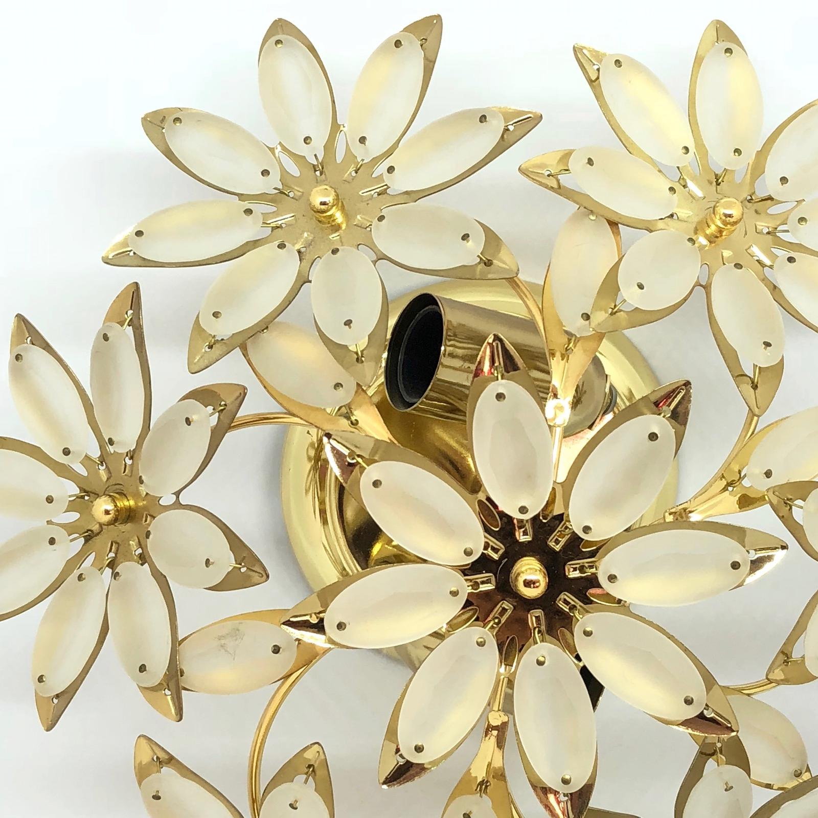 Petite Brass Floral Flower Bouquet Flush Mount with Satin Glass 1970s, German For Sale 3