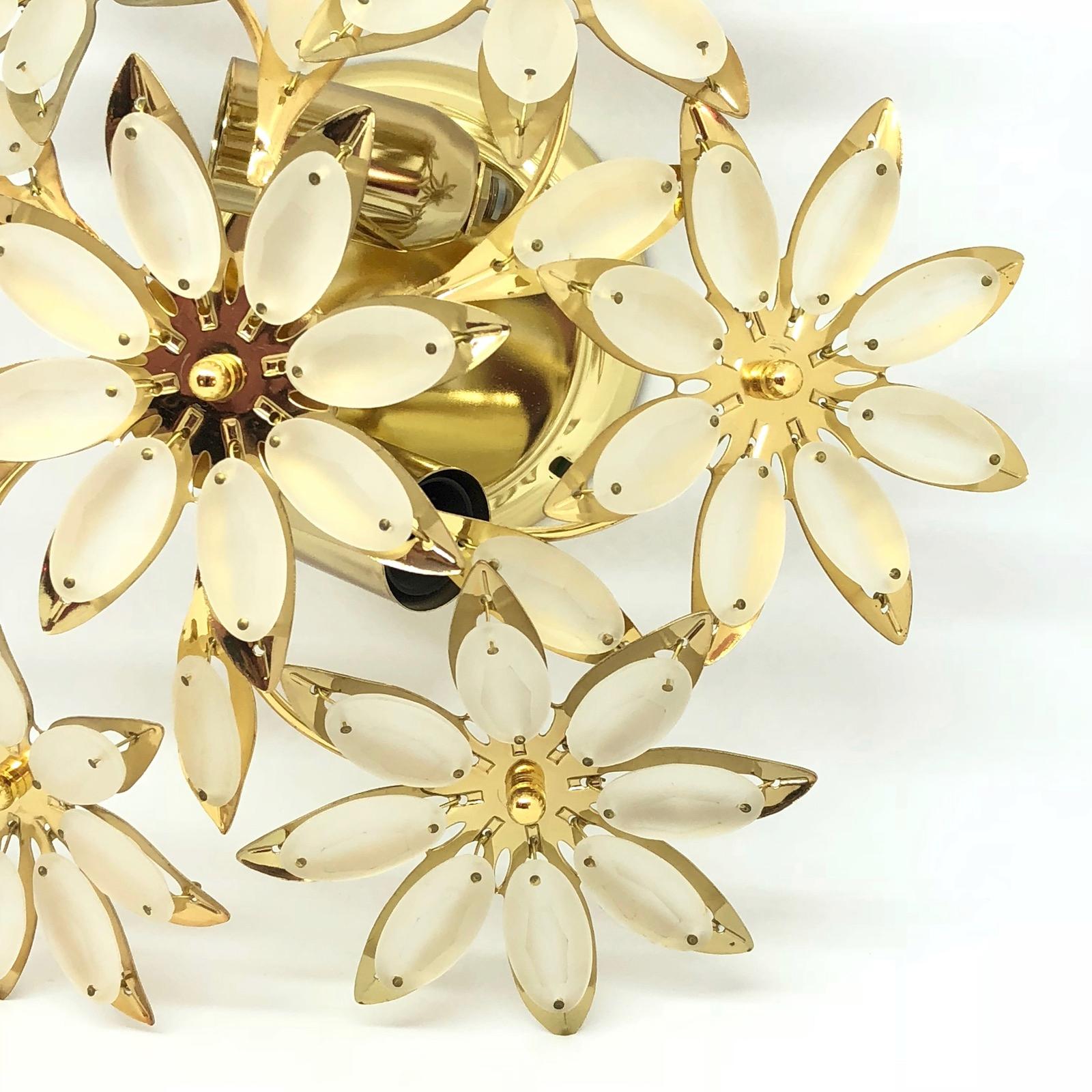 Petite Brass Floral Flower Bouquet Flush Mount with Satin Glass 1970s, German For Sale 4