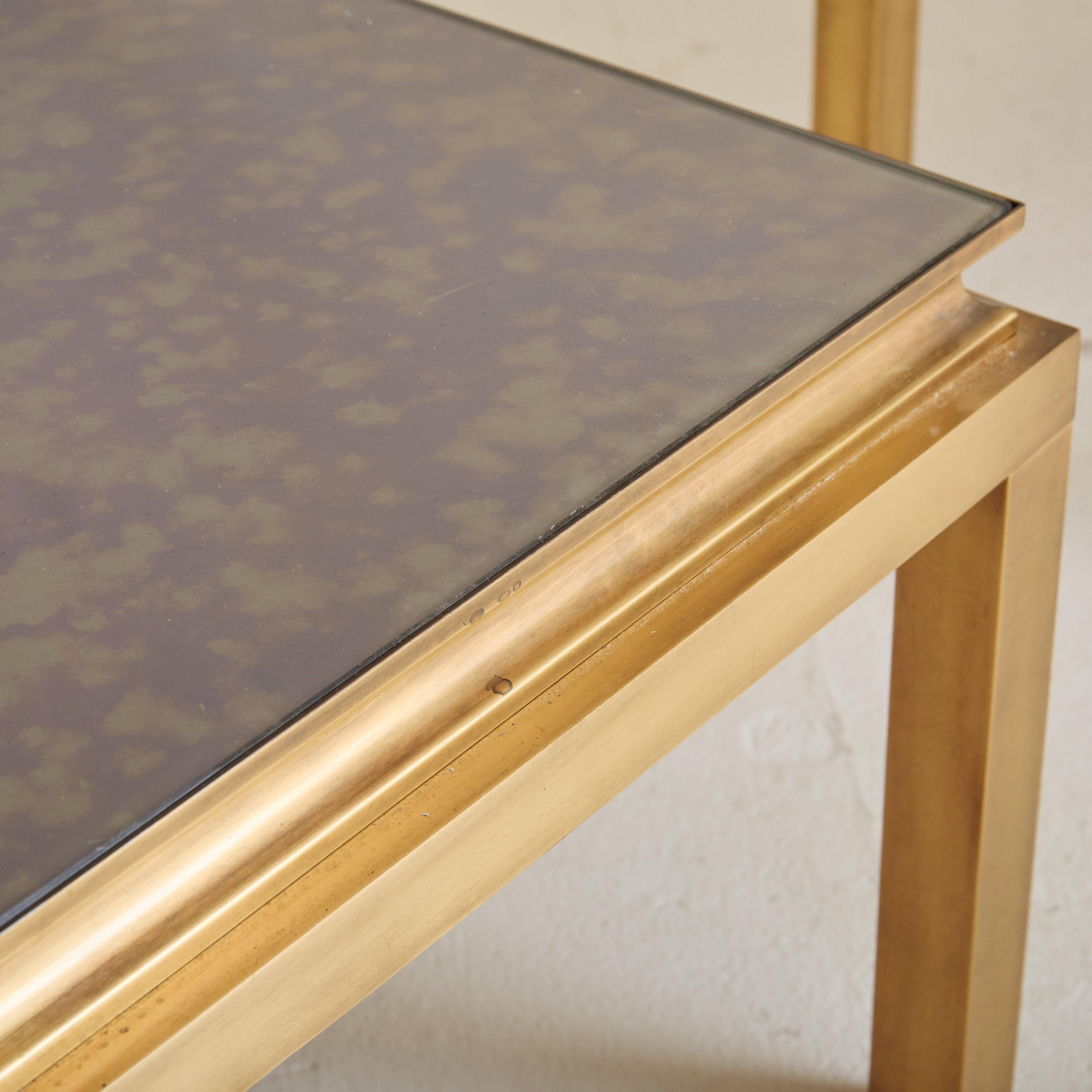Art déco Petite Brass Side Table with Églomisé Mirror Top Attributed to Guy Lefevre en vente
