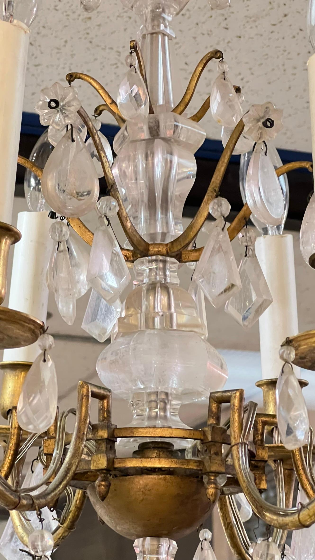 Gilt Petite Bronze Glass and Rock Crystal Chandelier For Sale