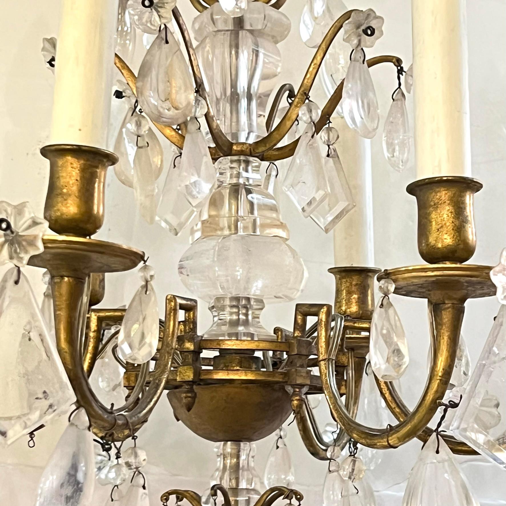 Petite Bronze Glass and Rock Crystal Chandelier In Good Condition For Sale In New York, NY