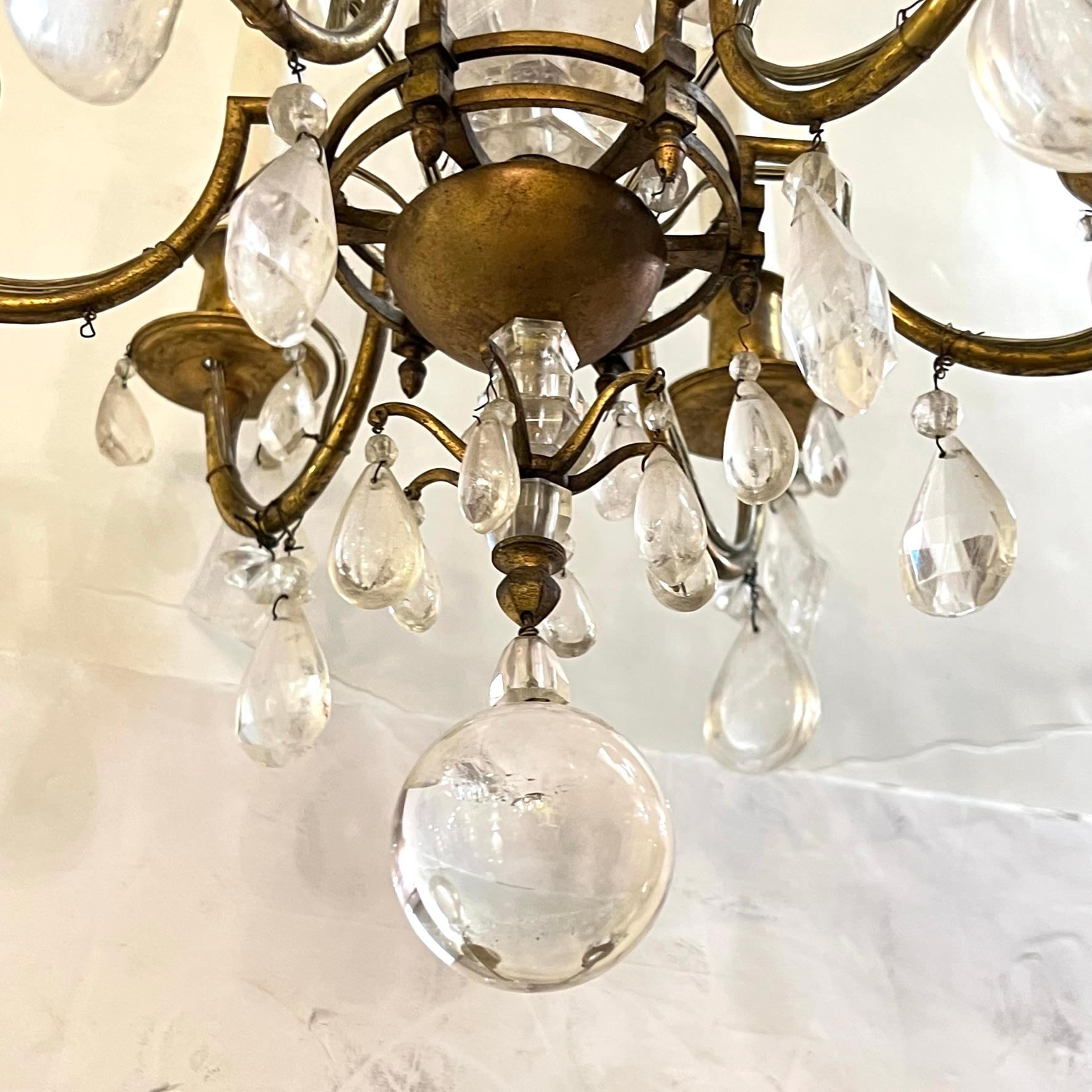 19th Century Petite Bronze Glass and Rock Crystal Chandelier For Sale