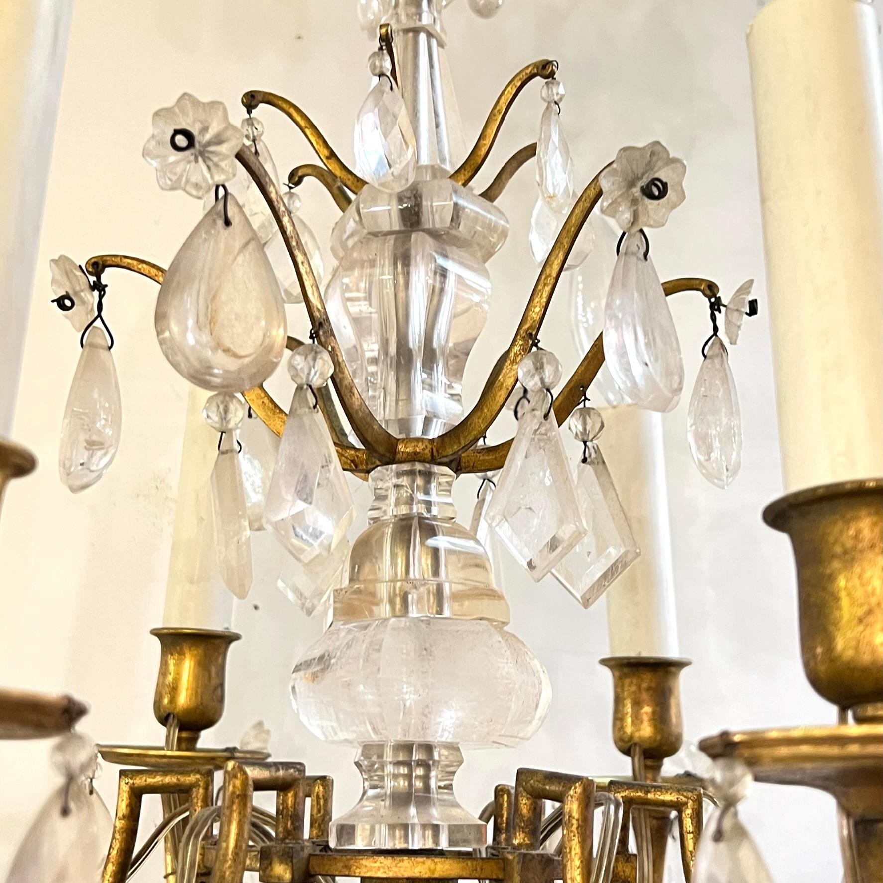 Petite Bronze Glass and Rock Crystal Chandelier For Sale 1