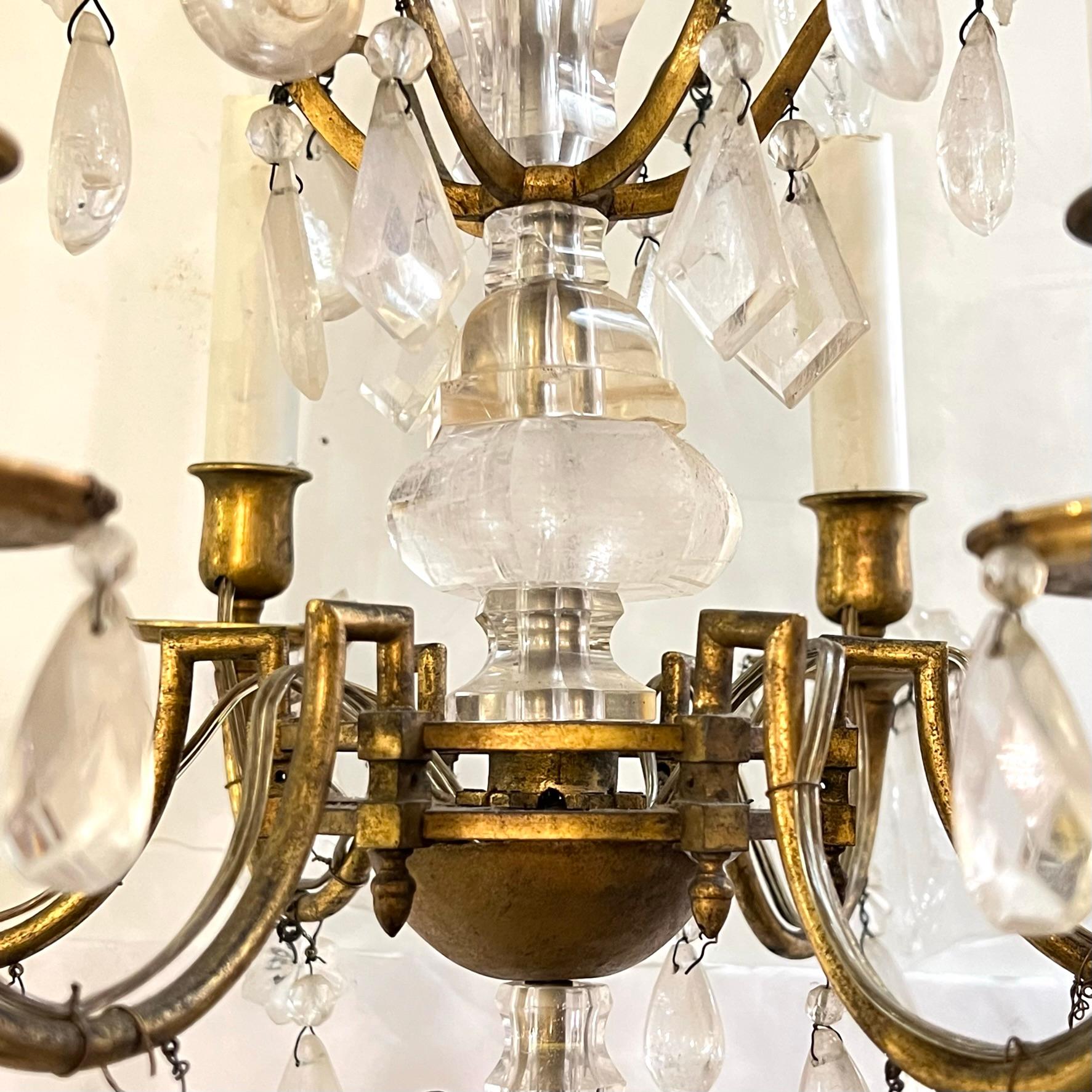 Petite Bronze Glass and Rock Crystal Chandelier For Sale 2
