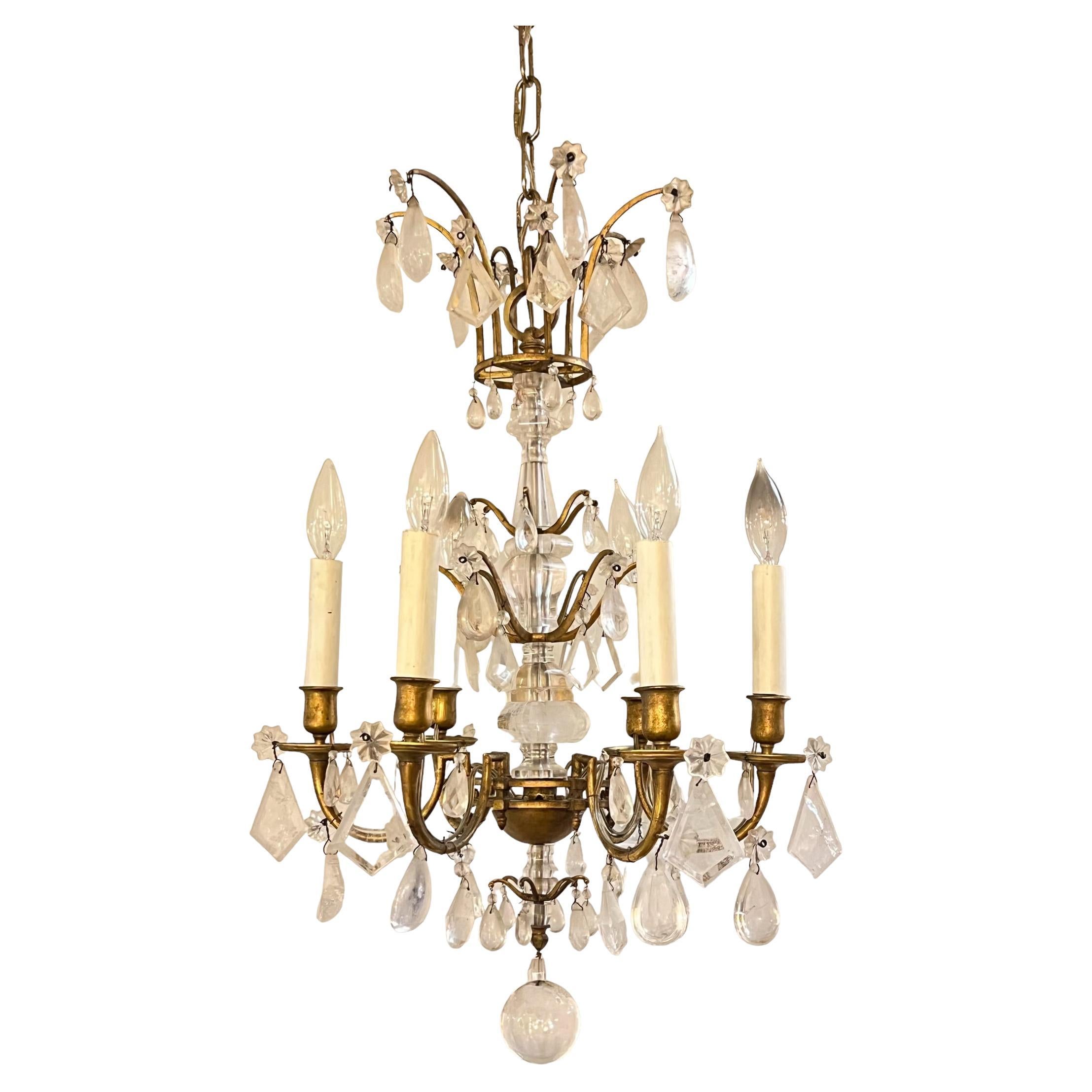 Petite Bronze Glass and Rock Crystal Chandelier For Sale