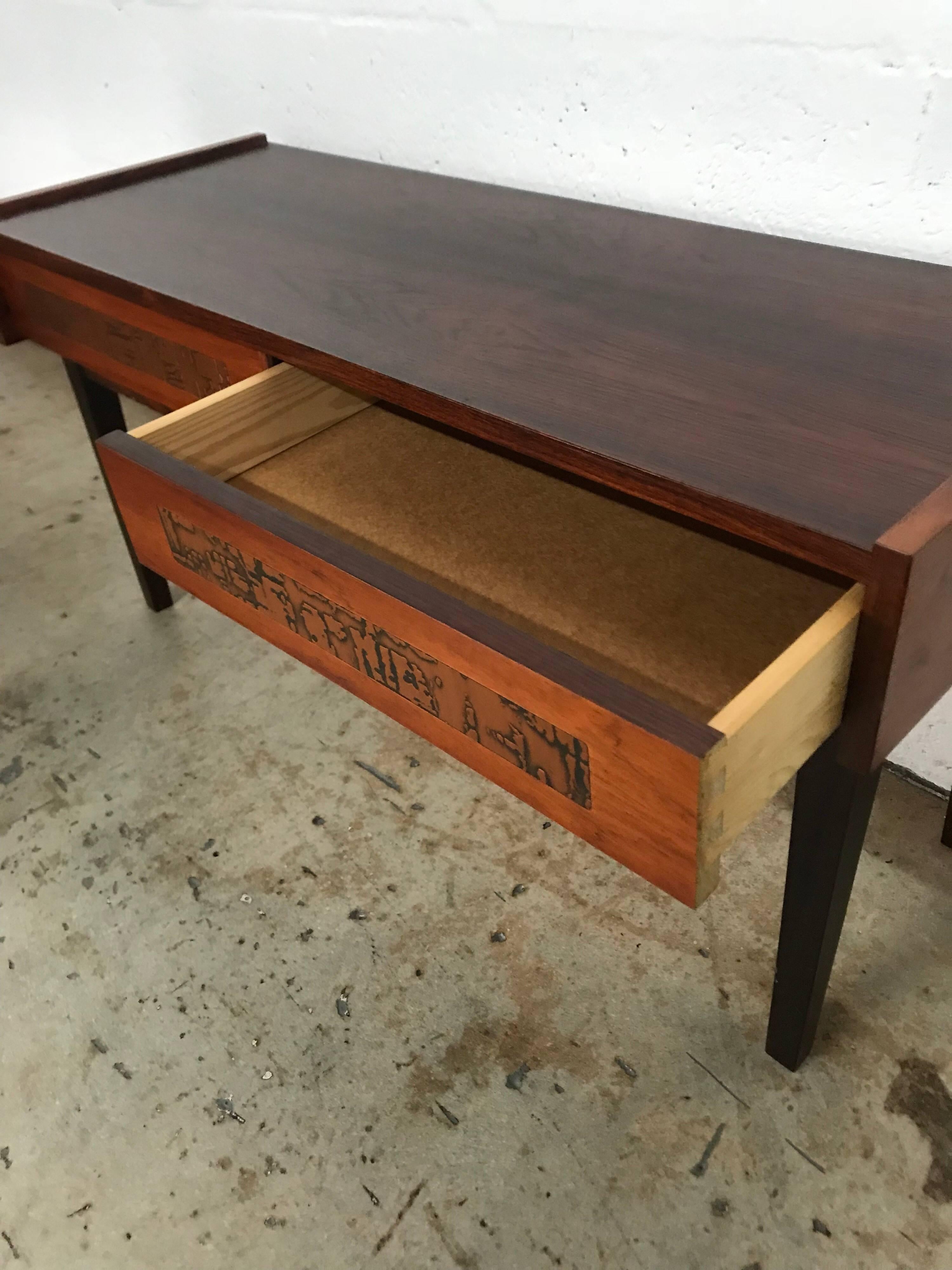 Mid-Century Modern Petite Brutalist Copper and Rosewood Console Table For Sale