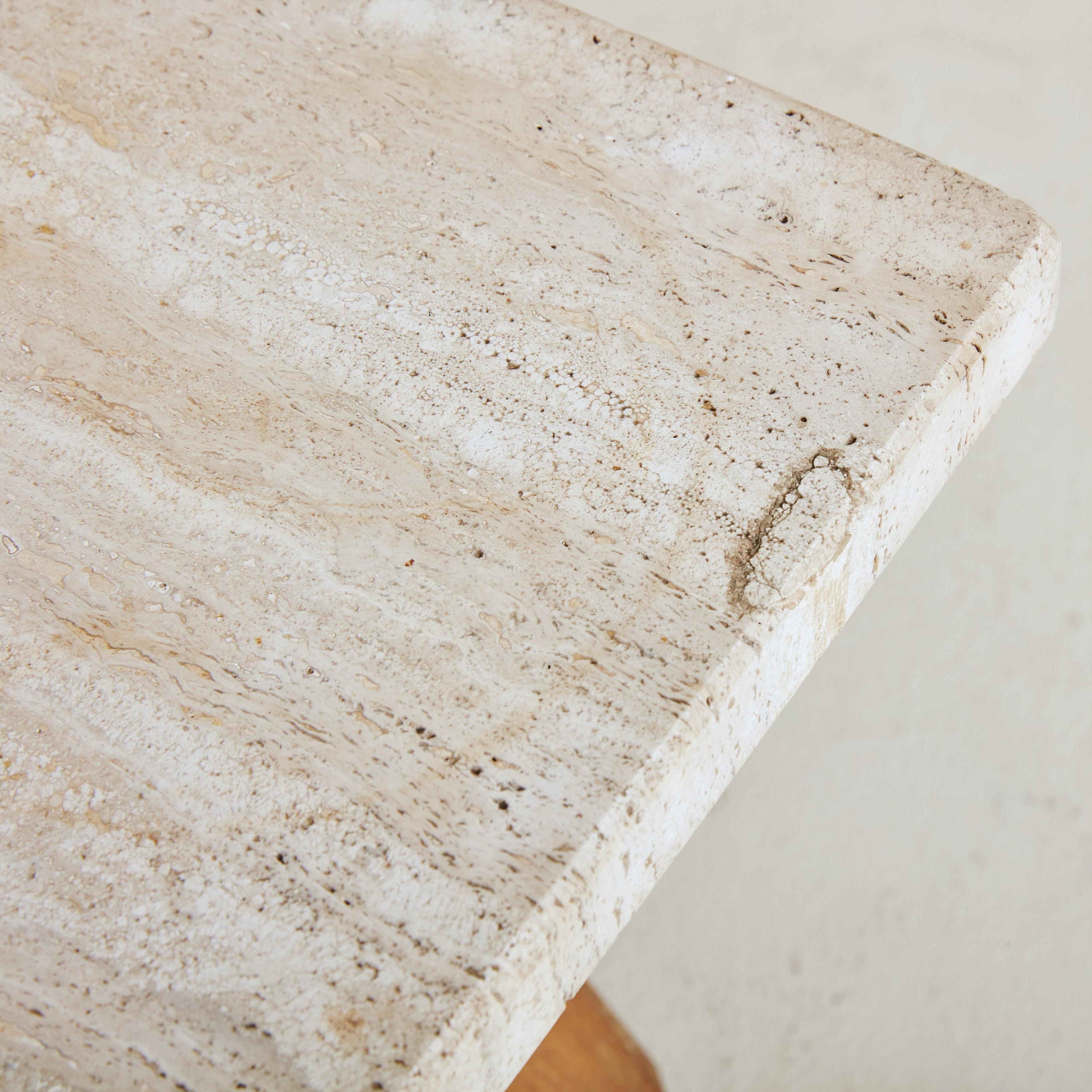 Petite Brutalist Wood + Travertine Top Coffee Table, France 1950s For Sale 5
