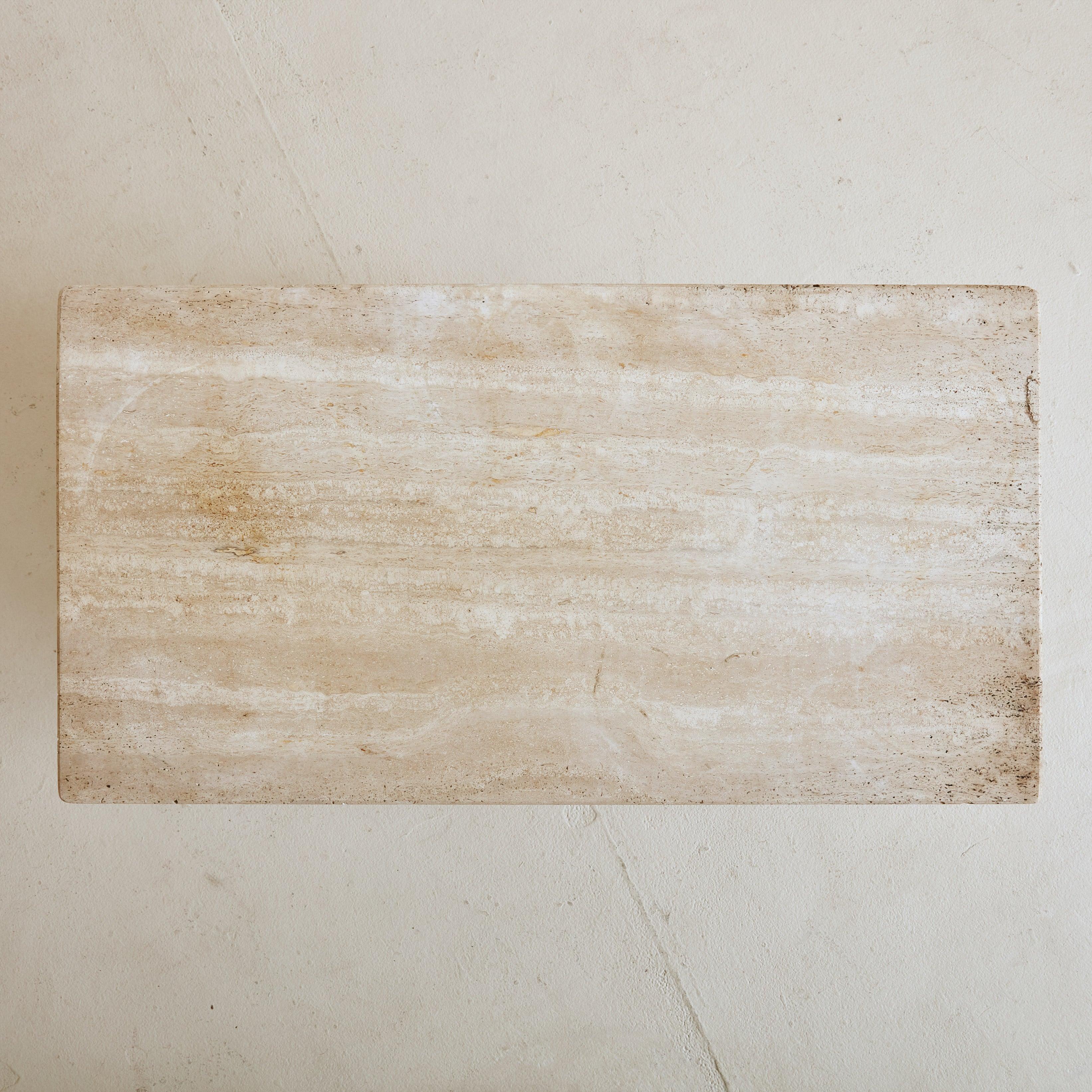 French Petite Brutalist Wood + Travertine Top Coffee Table, France 1950s For Sale